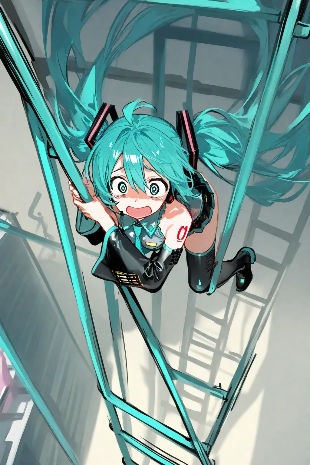 Highest quality, Detail View, High resolution、Official Art、aerial photograph、Real Anime、3d、Splatoon Girl on the Skyscraper Observatory, Are standing、Happy, Golden Eyes、Beautiful Face、smile, A slightly thinner face、Detailed facial depiction、Prism Gradient Tentacle Hair、Miniature cityscape、Skyscraper rooftop、Outdoor、Skyscrapers look small、Big Breasts、Cleavage、Camouflage Bikini, Parkour、Jump off a building、Dynamic poses with a sense of movement、Colorful air