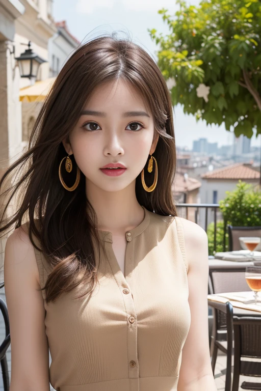 masterpiece, Highest quality, Realistic, Very detailed, Finer details, High resolution, 8k wallpaper, One beautiful woman,Wear a nice blouse, On the terrace of a lovely cafe, at noon, Light brown messy hair, Perfect dynamic composition, Beautiful and beautiful eyes、Big earrings、Sleeveless shirt、smile、