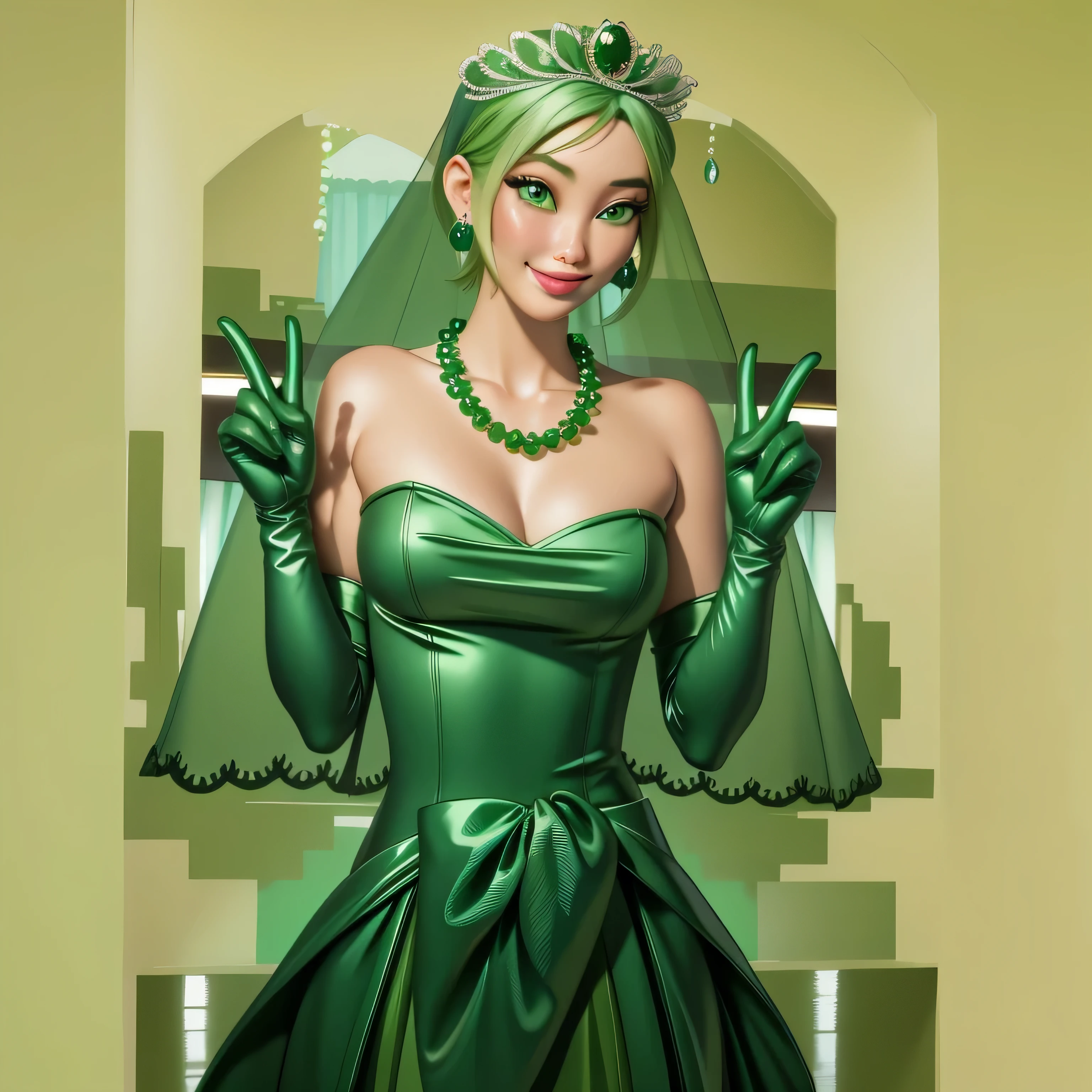 Emerald tiara, Green Pearl Necklace, Boyish very short green hair, Green Lips, Smiling Japanese woman, Very short hair, Busty beautiful lady, Green Eyes, Green satin long gloves, Green Eyes, Emerald Earrings, Green veil, all, Green Hair, Beautiful Japanese Woman, green lip gloss