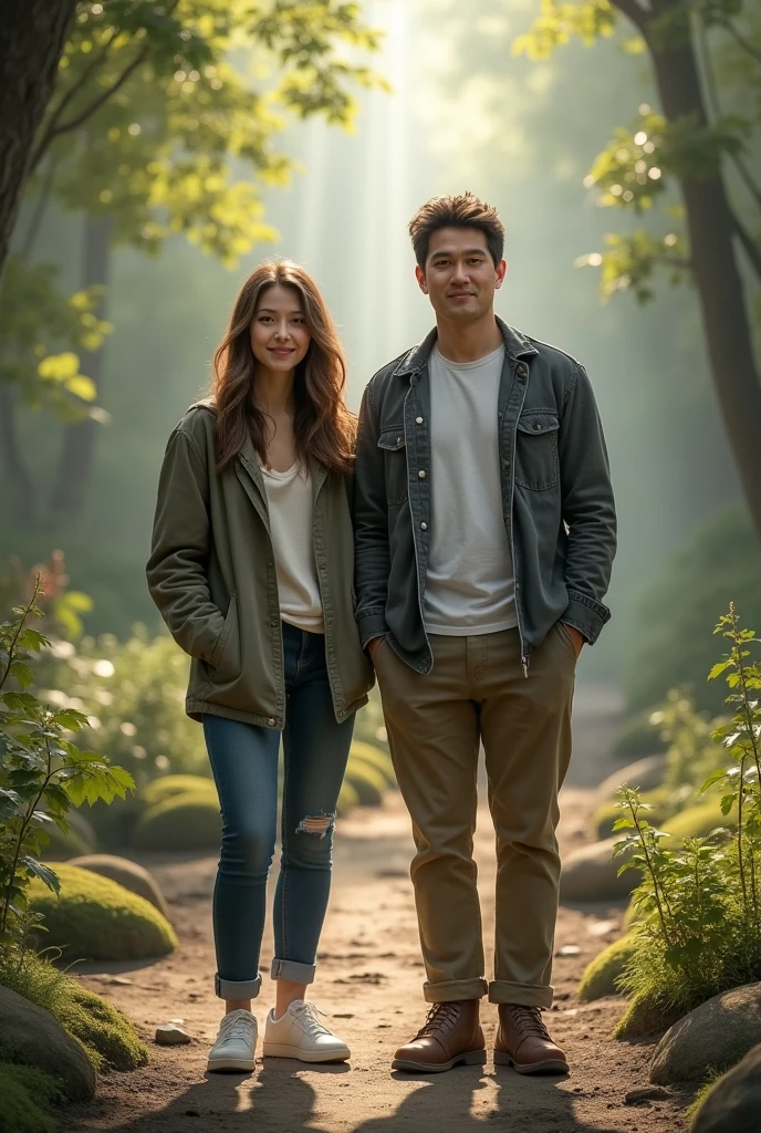 ((((Medium shot))), couple, (a man and a woman), two individuals, deep forest, adventure, frolic, hitting, sweet, happiness, smile, storm jacket, sweater, jeans, happy, pretty eyes, playful, surrealism, pov, romanticism, cinematic lighting, 8K, UHD, masterpiece, ccurate, anatomically correct, textured skin, high detail, high quality, high resolution, award-winning, best quality, 16K, bad body, bad hands, bad legs.