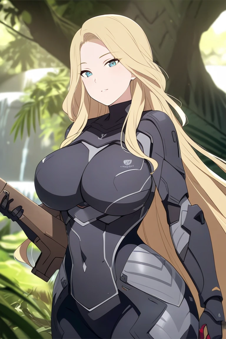 ((Highest quality)), ((masterpiece)), (detailed), (Perfect Face)、The woman is Tiare, a female predator with green eyes and medium-long blonde hair, wearing a predator bodysuit and carrying a weapon.、Dense forest