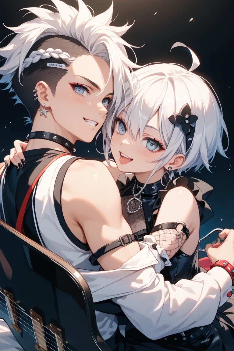 2boys,13 only、(Man's :2) ,twins,Handsome boy,long silver hair、a blond、Collar,tattooed、Upper body naked、starrysky 、sand beach、Back lighting、hightquality、masutepiece,8K,