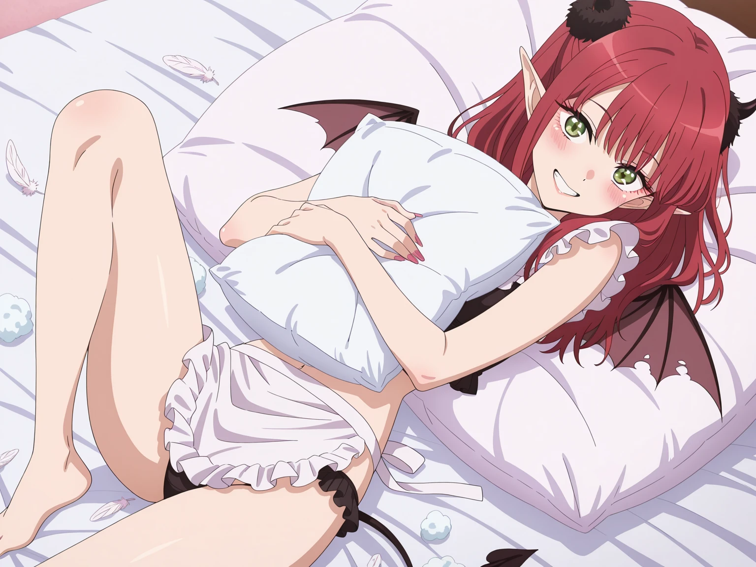 paimon, 1girl, solo, long hair, skirt, shirt, long sleeves, hat, dress, hair between eyes, green eyes, tail, white shirt, red hair, frills, horn, shoes, pointy ears, socks, puffy sleeves, apron, high heels, plaid, demon girl, frilled dress, white socks, red footwear, demon tail, corset, skin fang, bloomers,

lying, sleeping,



masterpiece, best quality,amazing quality, very aesthetic, absurdres, depth of field, blurry background, extremely detailed face, detailed eyes