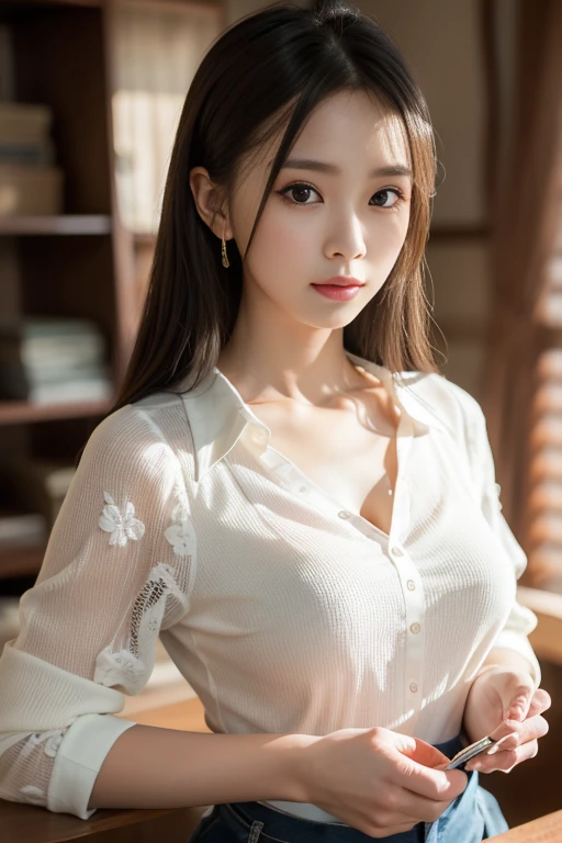 (best quality, 8k,32k,masterpiece, UHD:1.2),extremely detailed CG unity 8k wallpaper,intricate details,Raw photo,(photorealistic:1.4),atmosphere,ultra high res,Realistic,Real,Huge_filesize,incredibly absurdres,(centered:1.3),Ultra illustration,(ultra-detailed),cinematic lighting,various colors,depth of field,art by krenz cushart,golden hour lighting,taken by Canon EOS,SIGMA Art Lens 35mm F1.4,ISO 200 Shutter Speed 2000,blurry background,
BREAK,
1girl,(smile:1.2),slim body,(long straighthair:1.4),solo,20-year-old Japanese beautiful woman,(flowerprint blouse:1.5),(Brown hair:1.5),((brown eyes)),Large breasts,chest, Soft white skin that shines with every detail,pale skin,Very beautiful face,Very well-formed face,Natural and realistic face,Best,beautiful detailed eyes,striking eyes,Eyes drawn in detail,Detailed mouth,Detailed lips,shiny beautiful lips,Glossy lips,simple earrings,necklace,jewelry, solo focus,low neckline,
BREAK,
Back lighting,kool,Standing,
BREAK,
(Dutch angle:1.4),cowboy shot,looking at viewer,
BREAK,tzuyu,yui aragaki,