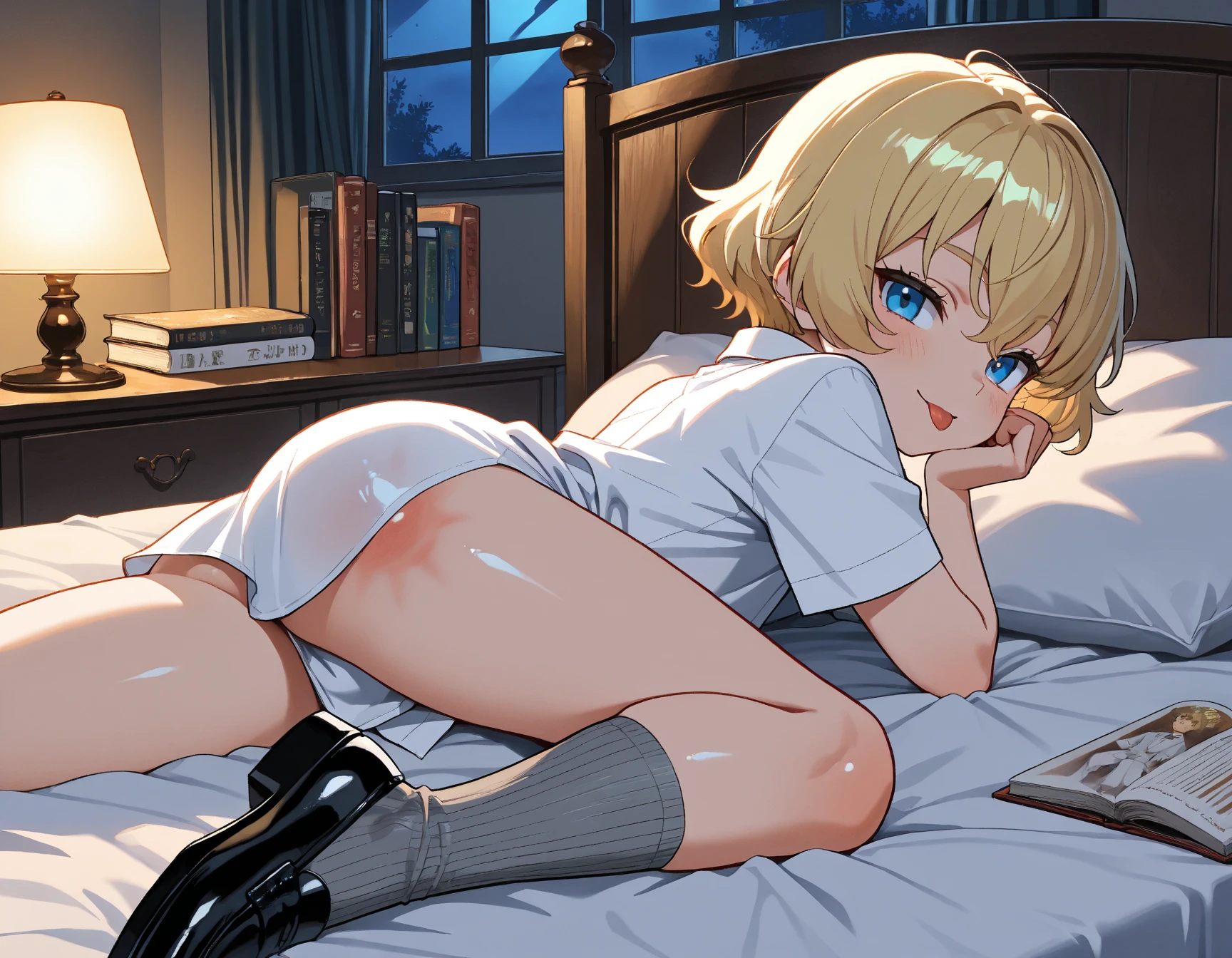photorealistic, (4k), depth of field, (masterpiece), Takemichi, feminine, blue eyes, perfect blond hair, perfect, Well detailed face, Takemichi , cuerpo completo feminine, , Small , thick thighs, thigh high stockings, Takemichi mostrando la vagina , +18, a trans butt, open, in bed, blond hair, blonde hair,vagina ,vista de el ano , ano ,