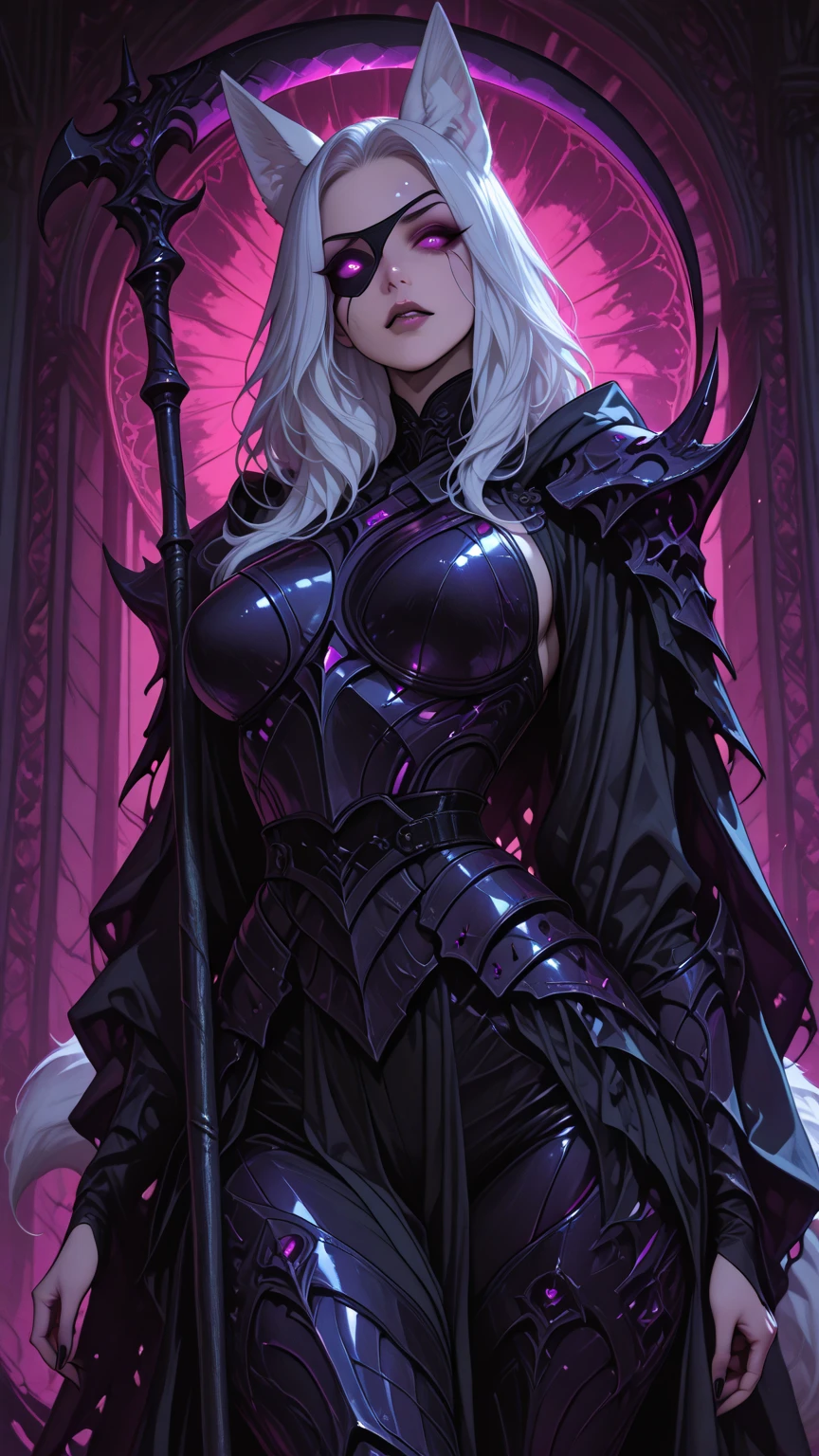 Beautiful drow girl, white hair, large breasts, black plate armor, purple eyes, short purple skirt.