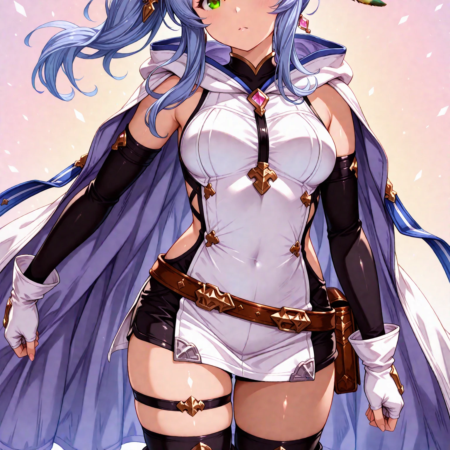 ventiarc, hair flower, crop top, bridal gauntlets, hooded capelet, white shorts, single thighhigh, midriff, naked, tight clothing, see through, medium breasts, 1 girl, solo, sweat, jacking off, cameltoe,