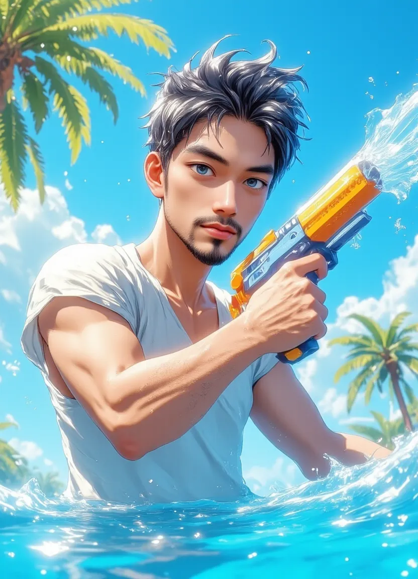 masterpiece, ((perfect eyes)) best quality, (semirealism:1.9), beautiful lighting, (extremely detailed CG unity 4k fhd wallpaper), High Detail, Sharp focus, dramatic outdoors, a close up of a person with a surfboard on a beach, rossdraws cartoon vibrant, epic digital art illustration, shirtless :: high detail, deviantart artstation cgscosiety, splashcreen character art, ross tran 8 k, ross tran style, background artwork, extremely detailed artgerm, rossdraws digital painting, rossdraws 1. 0, smile.