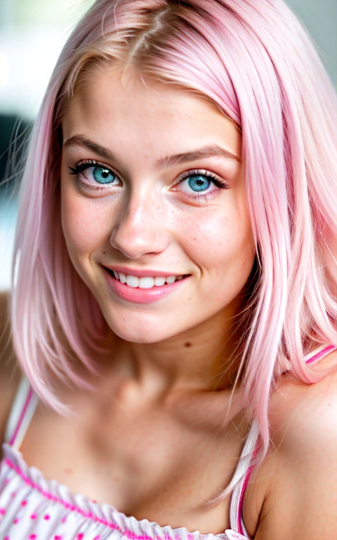 beautiful lady, blue eyes, pink hair, with freckles, big smile, hyperrealism, photography