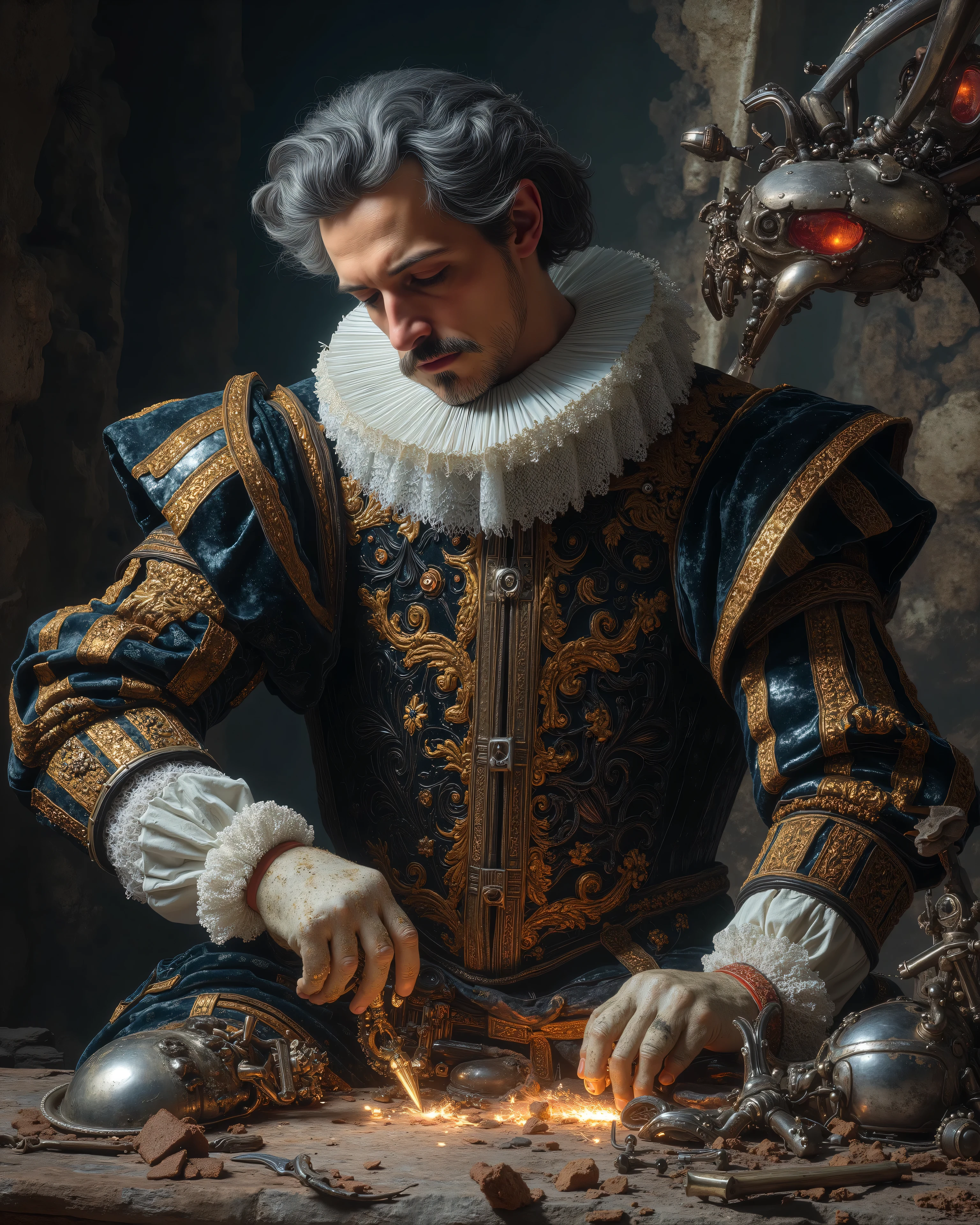 Miguel de Cervantes pillow fight under a machine in the workshop, dressed in the elaborate and intricately embroidered attire of a 17th century Spanish nobleman. His iconic mustache and beard, now gray, frame a face marked by age and wisdom. A dark velvet suede, lined with gold thread, he wraps his torso, with a ruffle collar and lace cuffs that complete their distinguished look. However, his watch is incongruous: is armed with brilliant futuristic mechanical tools, pieces and mechanical leftovers scattered, listo to repair un enorme androide. Imposing and sinister machines of the year loom around her 3000, to repair, huge spider-shaped drones with metallic limbs and bright red eyes, separated into pieces. The contrast between Cervantes' classic attire and the imposing and advanced robots creates a strange visual tension. The stage is a dimly illuminated dystopian landscape with crumbling ruins of ancient castles juxtaposed against the elegant and cold metallic forms of the Alien technology. The atmosphere is heavy, } drenched in shadows and the eerie buzz of technology.