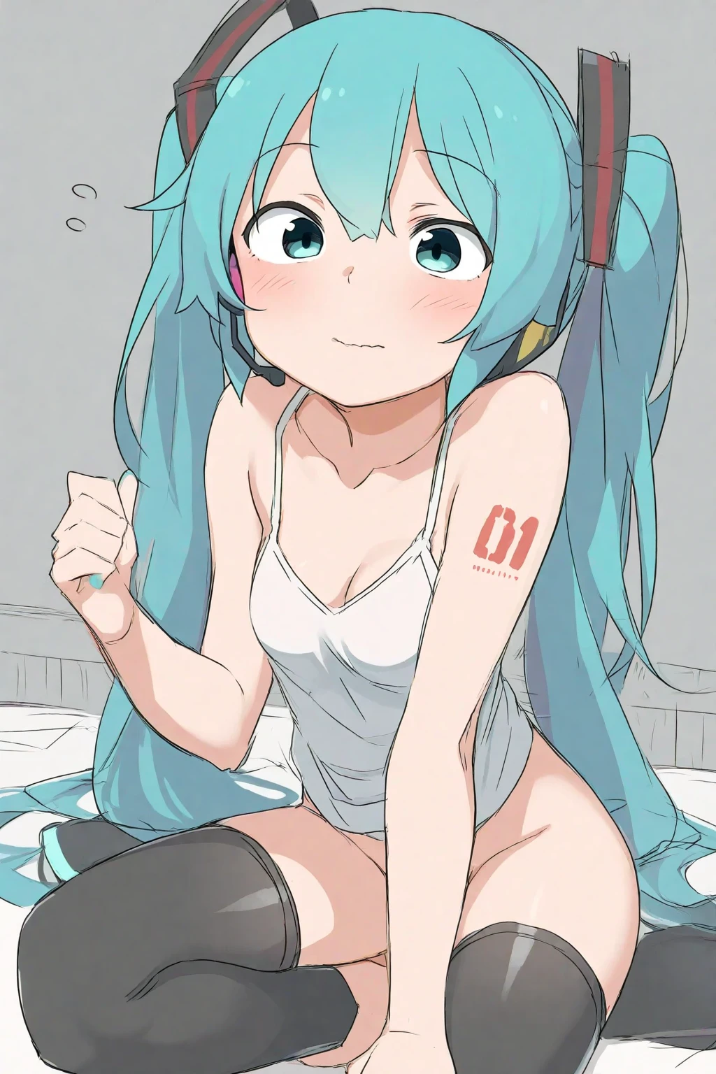 kiyohime (fate), 1girl, solo, long hair, breasts, looking at viewer, blush, simple background, white background, ribbon, navel, medium breasts, underwear, yellow eyes, ponytail, short sleeves, green hair, horns, alternate costume, clothes lift, aqua hair, shirt lift, lifted by self, gym uniform, buruma, panty peek, multiple horns