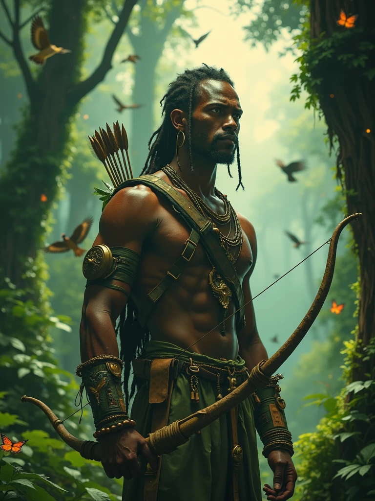 Black Oxossi in the middle of the forest with a bow in his hand and a headdress in black and white

