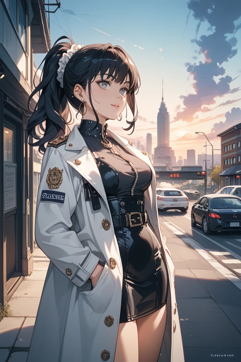 ((highest quality)),(ultra high resolution),(Super detailed),(detailed description),((best CG)),(best work of art),super precision art,great drawing art,(Works with precise details:1.5), (one female reporter:1.6),(beautiful and well-shaped face:1.5),(trench coat:1.5),(serious look:1.4),