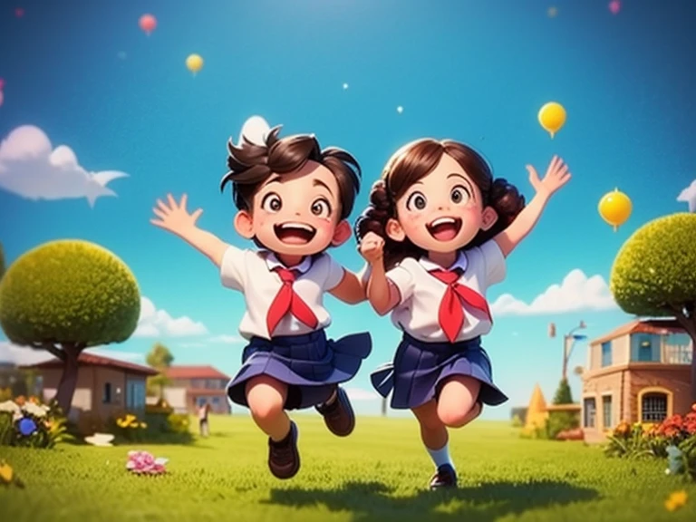 (Children's Day illustration), three children dressed in casual sportswear raise their hands and cheer on the football field, which is bright and warm, surrounded by streamers and balloons, and the crowd cheers. Characters occupy a small part of the picture.