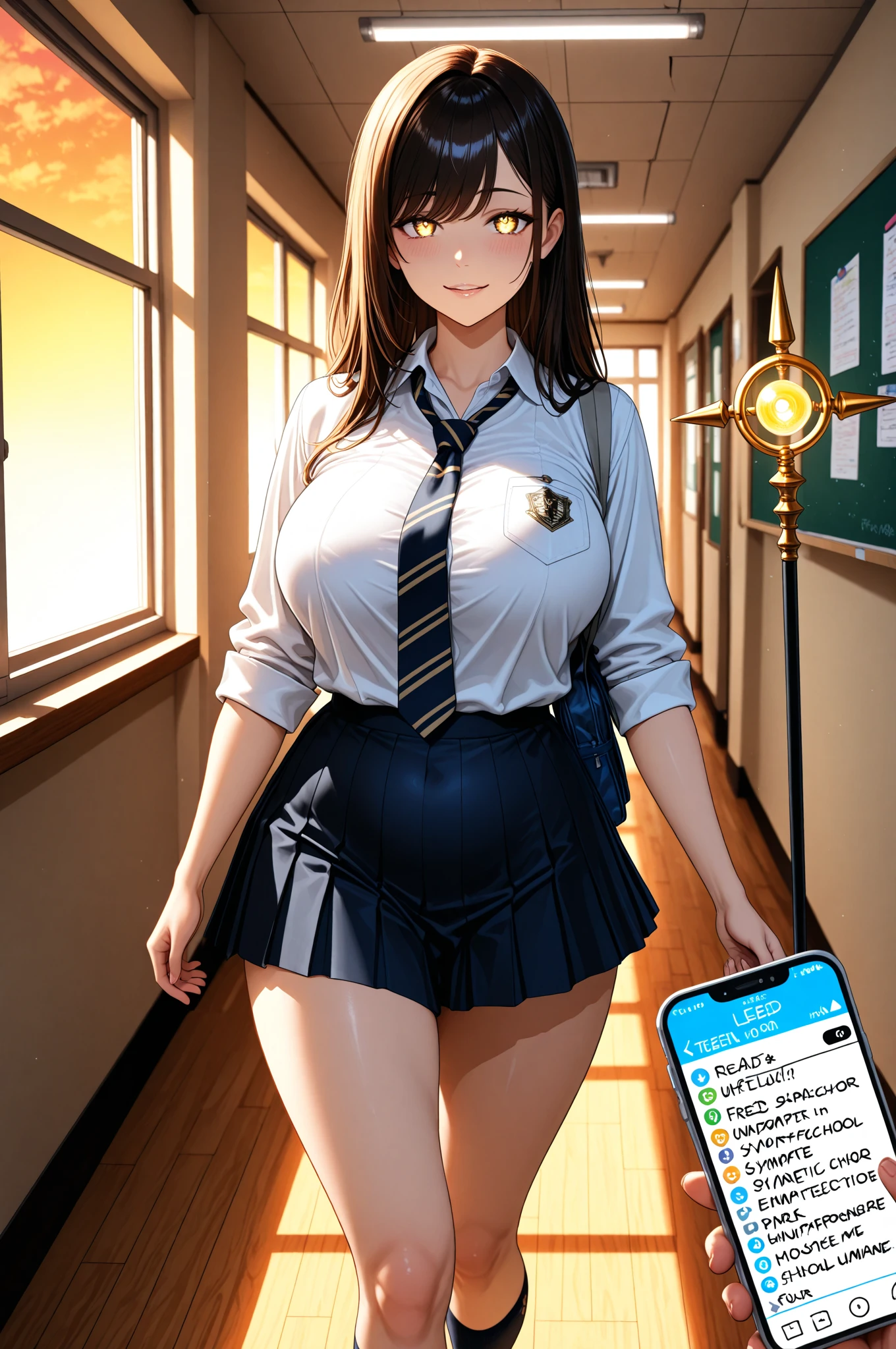 masterpiece, best quality, finely detailed, 1girl, blue eyes, blouse, pleated skirt, huge breasts, great cleavage, classroom teacher, selfie, areola