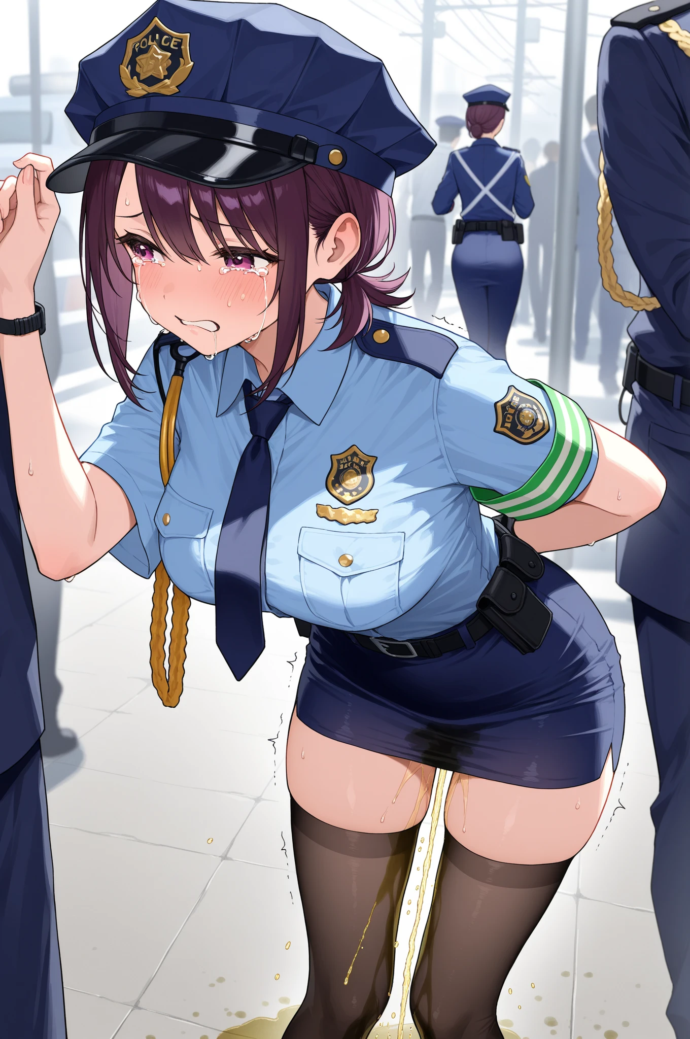female, braids, big breasts, (big breasts: 1.8), glasses, blue eyes, green hair, (daytime park background), elementary school student, (watched by elementary school boy), (watched by elementary school girl), messy hair, black gloves, white socks, police uniform, black skirt, short sleeves, cowboy shot, salute, hands on hips, thong underwear, string panties, pubic hair sticking out, pubic hair sticking out, erect nipples, erect nipples, eyes closed, tears in eyes, mouth open, saliva residue, wet skirt hem, sticky panties, bulging vibrator cord, vibrator with garters, (daytime park background), (surrounded by children), visible pussy, visible vaginal opening, visible vagina, visible vulva