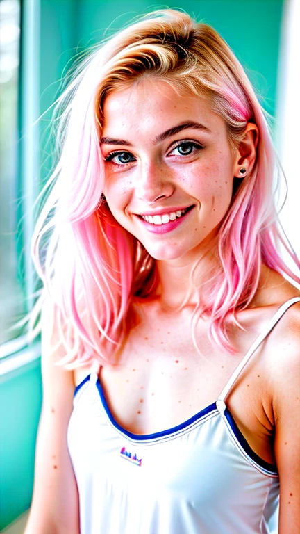 Short pink hair pale skin woman standing in bathroom laughing 