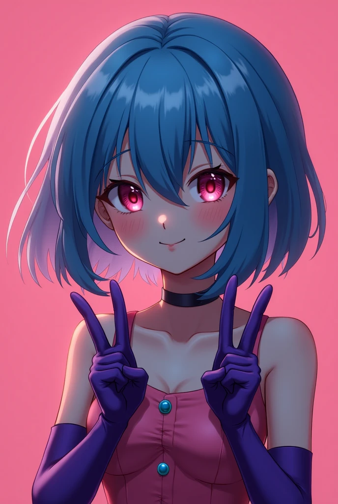 1girl、Short silver bob hair tied in a bun with a hair clip, Pink Eyes、smile、really like、Pink tank top、hot pants、Upper body close-up、Morning Cafe Terrace、Background blur, Written boundary depth, sitting, looking away, cleavage