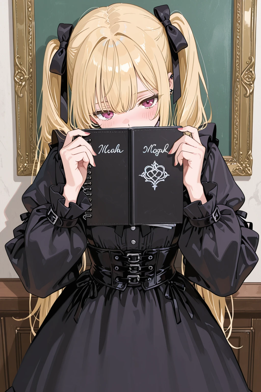 1 girl, (masterpiece), best quality, expressive eyes, perfect face, Misa Amane, busty, blue eyes, shoulder length straight blonde hair in small pigtails with hair straight hair down to her shoulders, black lace goth dress, black lace arm stockings, black thigh highs, black high heels,holding black notebook with DeathNote engraving on it in silver, in apartment hallway, standing, full picture