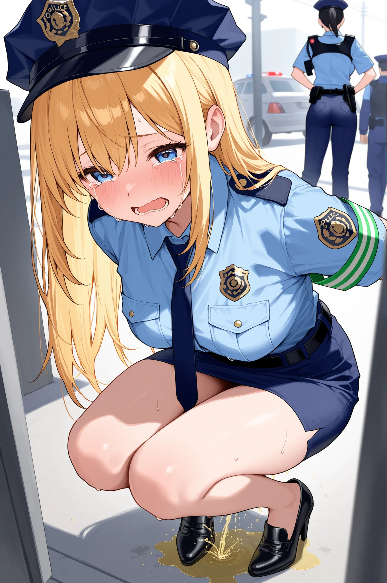 policewoman facial distortion toilet death pee boots