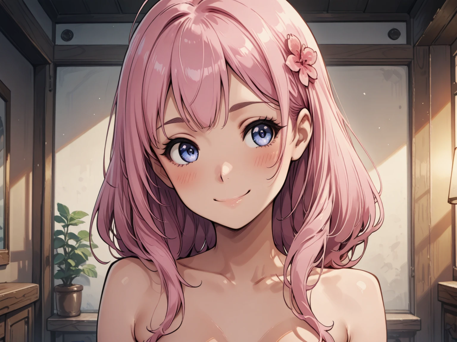 Anime Style, Very detailedなイラスト, Very detailed, beautiful, 8K, Highest quality、masterpiece、break、High resolution、One Girl、Gazing at the audience、Best Images、((Full nudity))、Huge breasts、Detailed face、((Sticking out tongue))、( alone), Cute baby face, So cute, smile,Pink Hair,smile,blue eyes, (Written boundary depth:1.1),Tilt your head,(Thigh-high socks:1.3),(Upper Body:1.3)