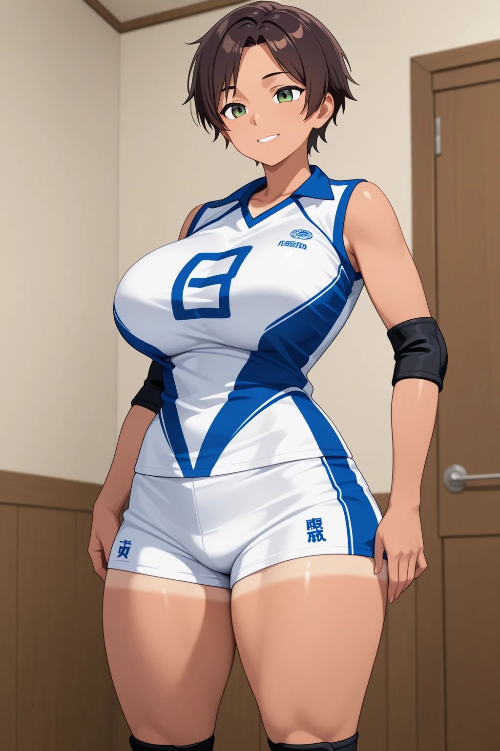 masterpiece, 1 girl, alone, Shortcuts, , Niijima Sae (persona 5)、Big Breasts, Mature Woman, Glare,Sharp eyes, Silver Hair、Lilac eyes, Pink gym clothes,Pink bloomers, Pose standing thigh sex,Thick thighs, View from below