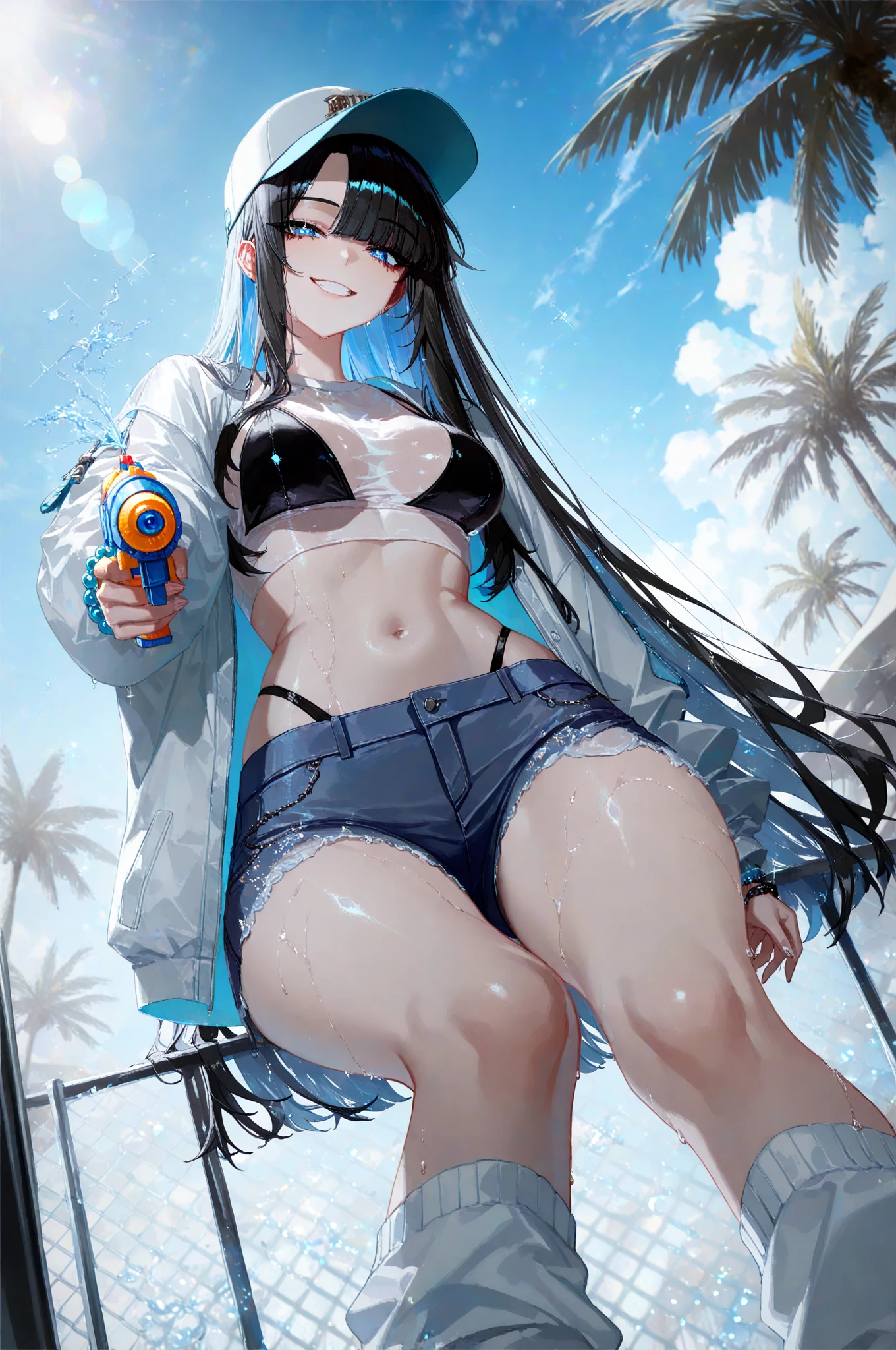 (maximum resolution: 1.2), (ultra high definition:1.2), cinema light, 8K resolution, fine eyes and skin, detailed face, perfect style, cute face, Accurate, anatomically correct, Highly detailed face and skin texture, beautiful and meticulous droopy eyes, 16 years old, (black hair:1.5), bob hair, parted bangs, blue eyes, (white hairband:1.5), glasses, (long sleeves one-piece patternless white bikini swimsuit:1.5), (boots:1.5), sitting sexy pose, (by the universe:1.5)