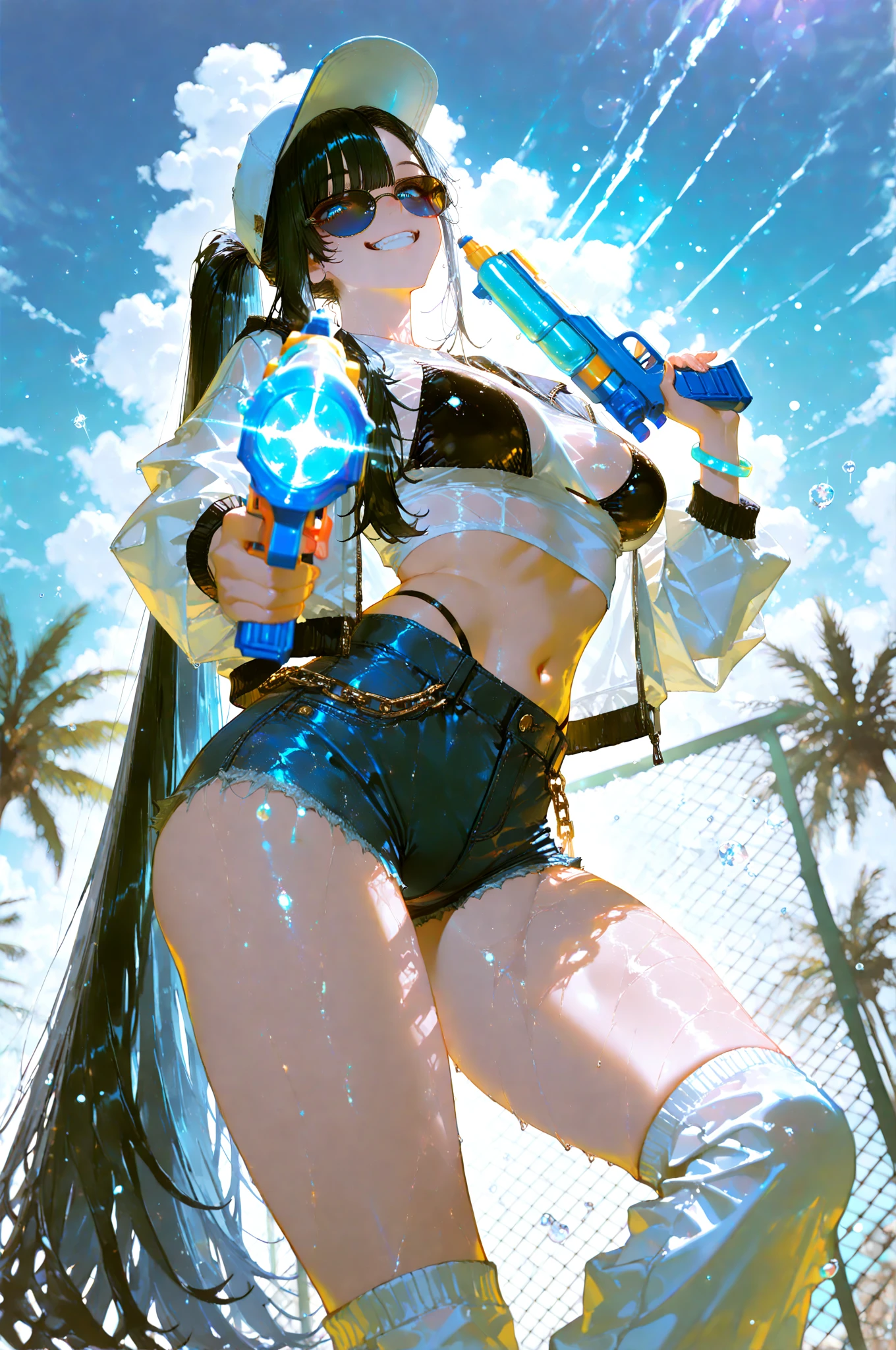 (masterpiece:1.5, Highest quality, Very detailed、 Dutch Angle、Realistic)(One Girl, alone)(Silver Hair:1.6,,Straight Long Hair)(Sports swimwear、Tube top、Rash guard:1.5)、((medium breasts, Beautiful cleavage,underboob))(from diagonally forward),(Beautiful starry sky、Mystical Night、Particles of light float around the woman、Fantastic space、Ocean)