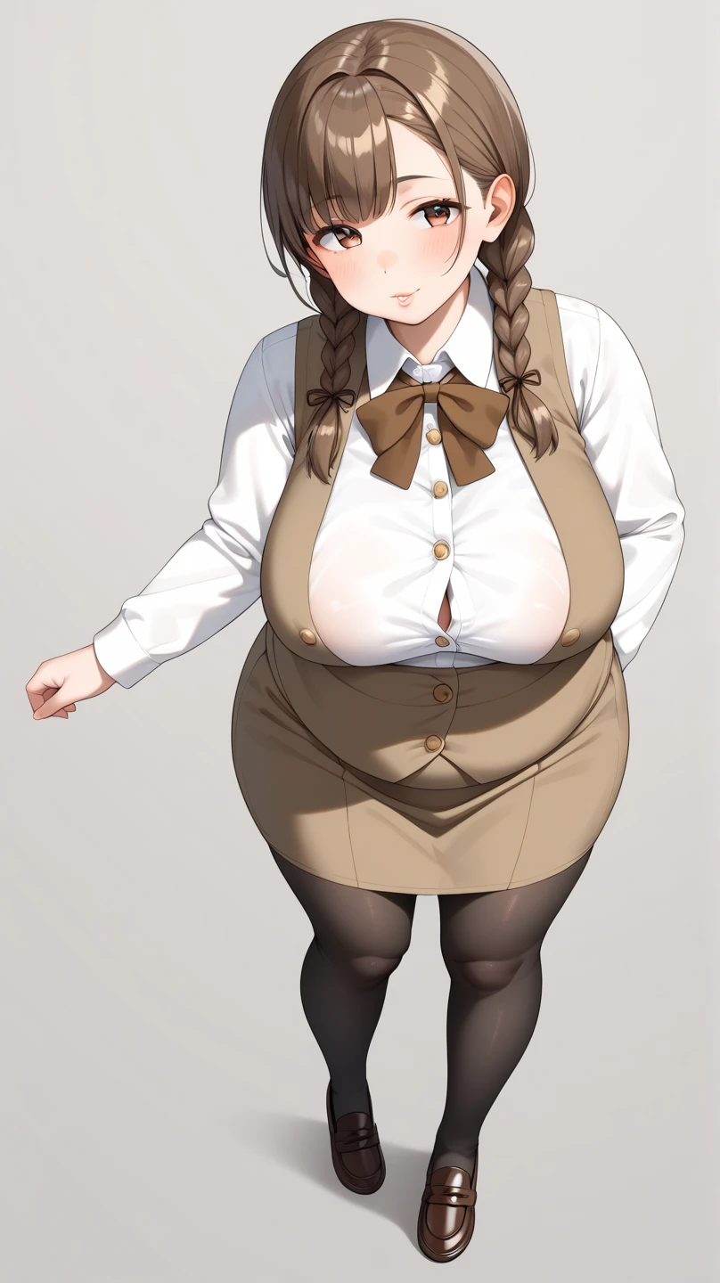 masterpiece, tight denim pants, chubby but small breasts, thick legs, best quality, 1girl, kaoruko, brown hair, brown eyes, twintails, hair ornament, large breasts, red ascot, looking at viewer, sketch, solo, simple background