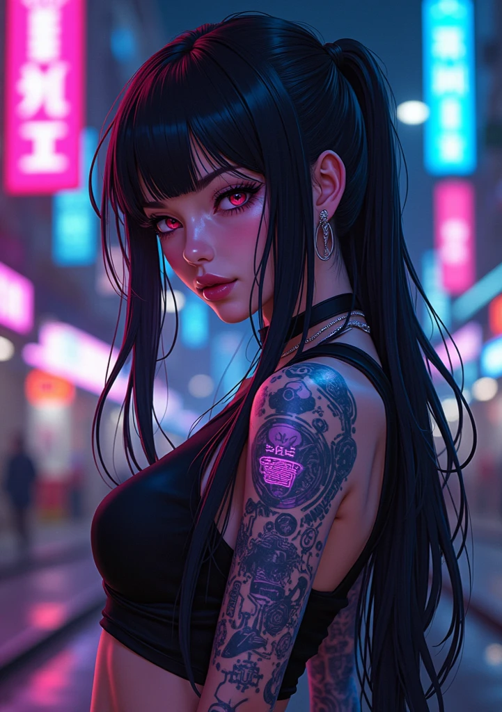 Neon anime sexy lady sexy neon lips sexy neon eyes sexy neon tattoos sexy anime warrior secy neon hairs, Grabbing a cable with both hands and biting it, behind her a building with a screen that says NO SIGNAL