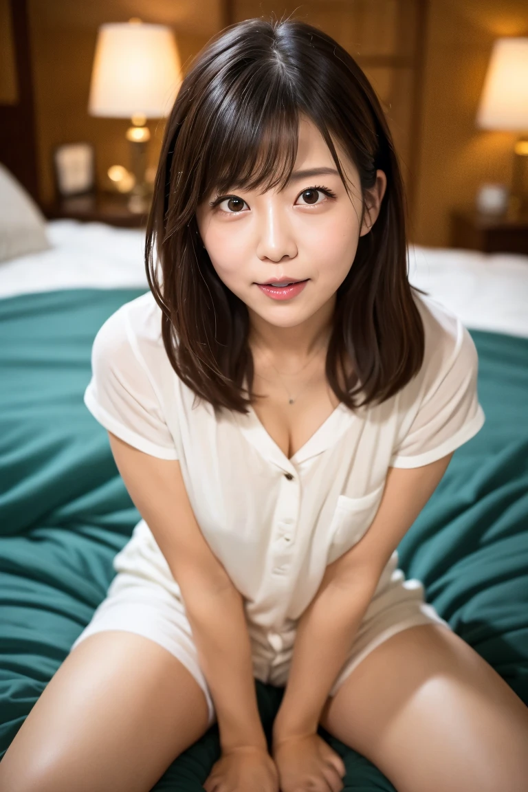 ((Japanese Idols))　((Plump and Shiny Lips))　Big Breasts　((Short brown hair with bangs))　((Looking into the camera))　Sit with your legs apart　((White button shirt and white panty))　　Low-angle shot of a person standing facing forward　look down　((A bedroom with shoji and tatami mats lit up in white neon lights))