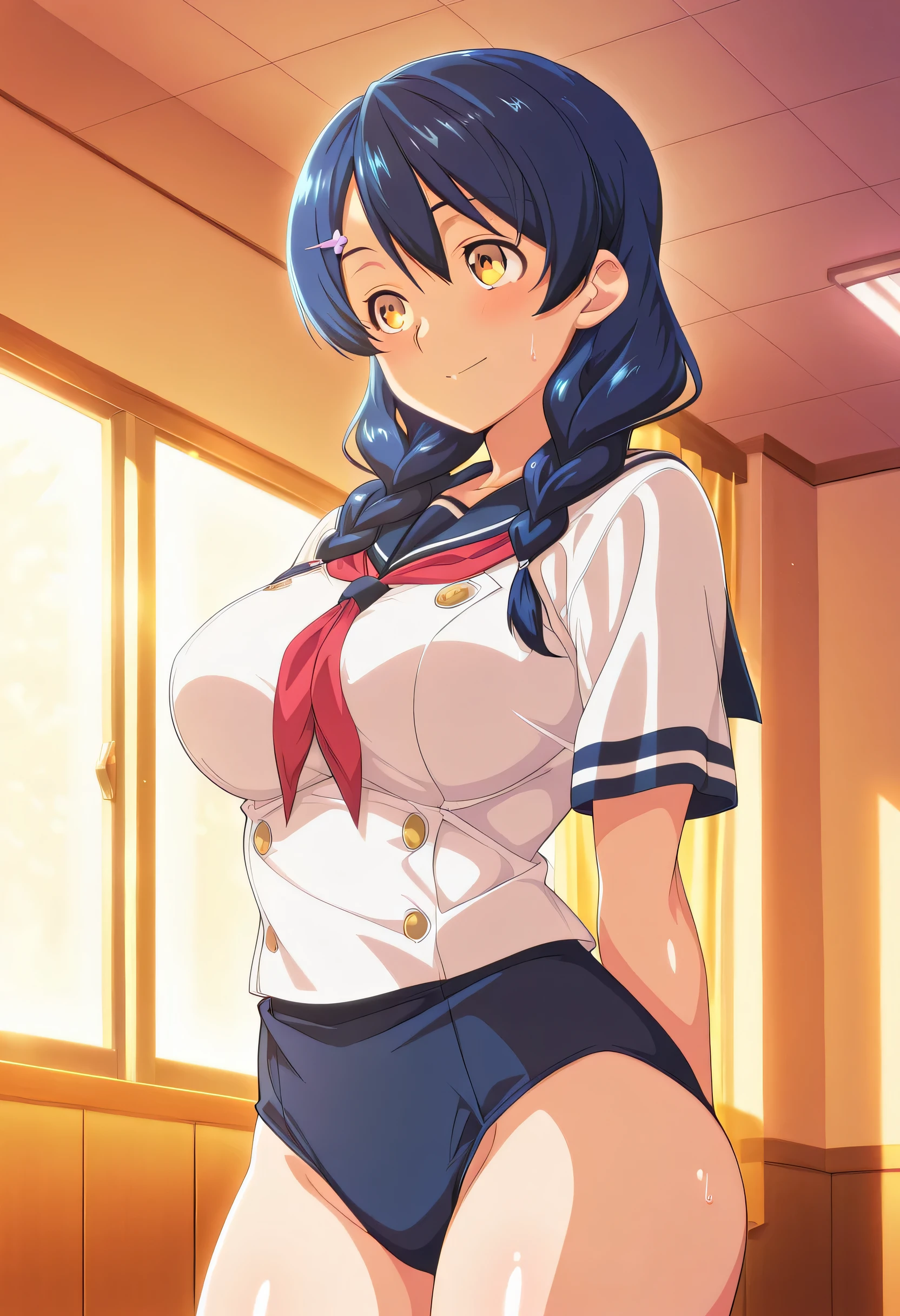 Primary school students beautiful girl (((Dark brown skin))) Gridman Sailor suit School Swimsuit Blue Hair Bob sweat classroom Love juice