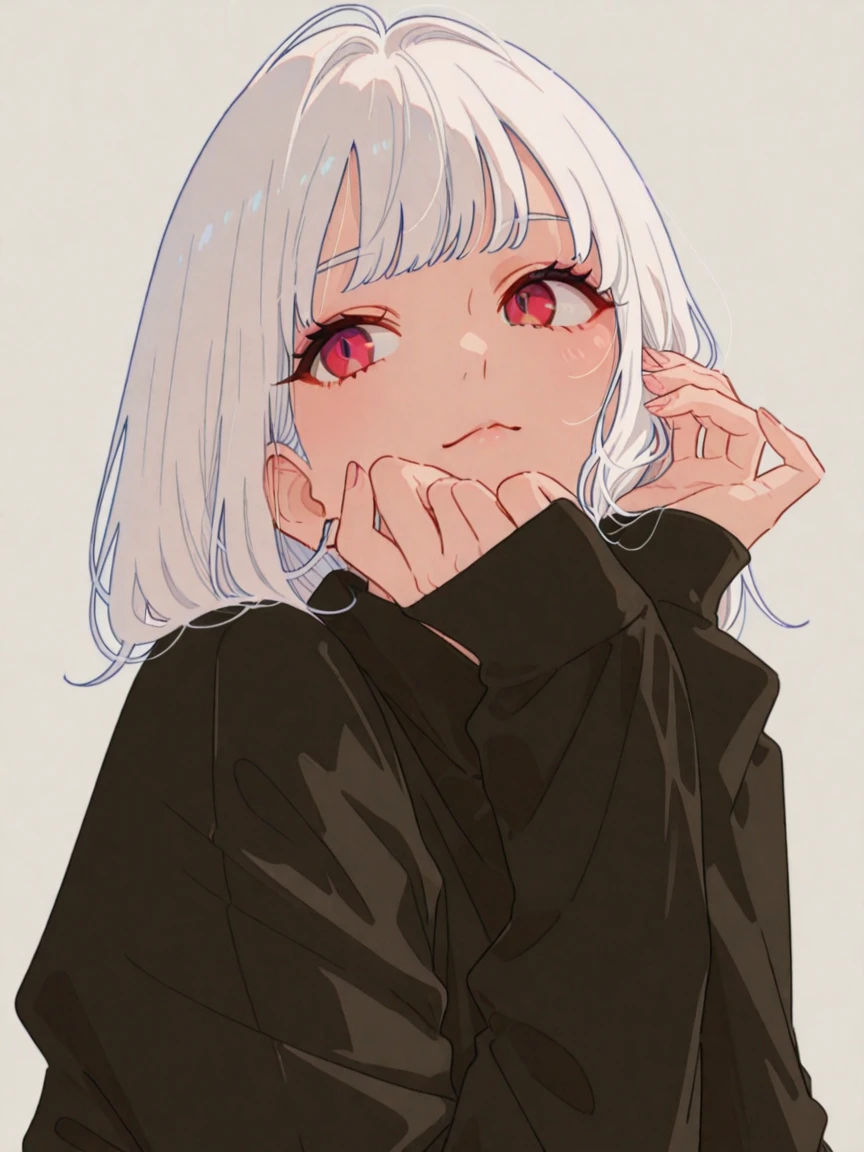 ((Pale skin:1.1)) A 24-year-old woman with pale skin and a small build. She has expressive dark brown eyes ((dark brown eyes:1.6)), framed by long eyelashes and thick black eyeliner. Her cheeks and nose are adorned with a noticeable blush ((blush makeup:1.6)). She has a thin smile and short, white hair ((white hair:1.6), ((short hair:1)). She is dressed in a black and white striped shirt, paired with a black choker, black trousers and is standing in the dark alleyway