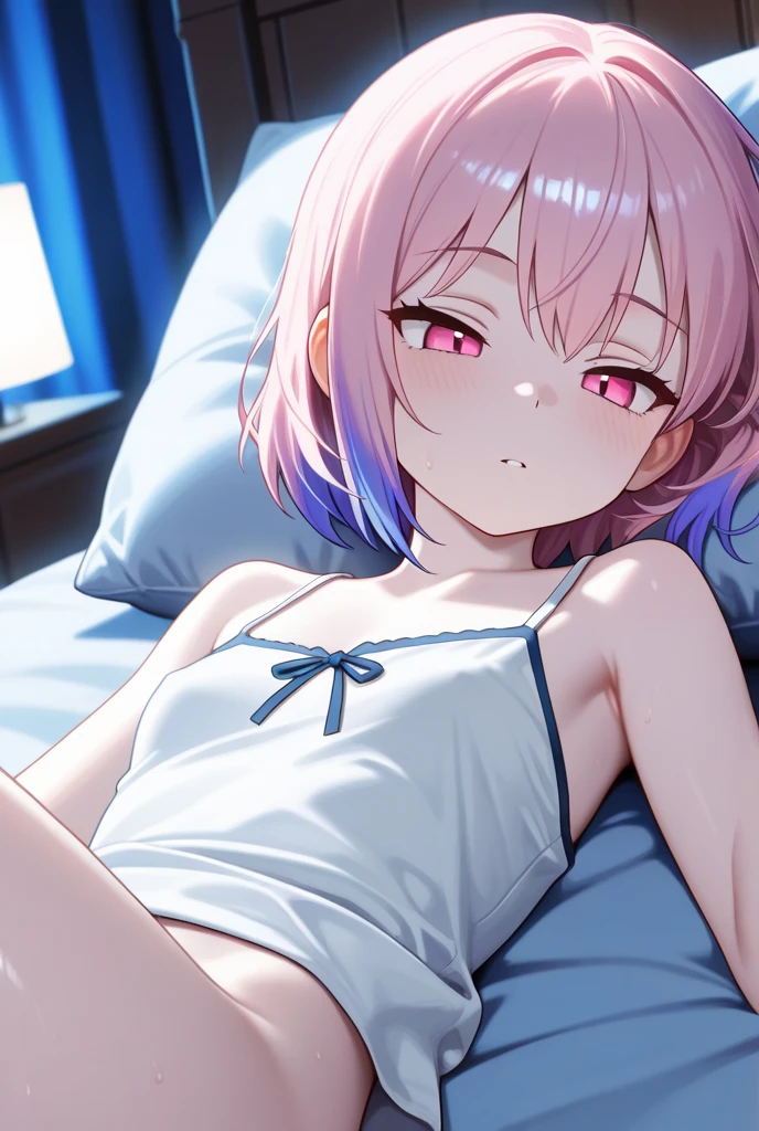 sixteen years old、girl with、white t-shirts、Not wearing、Masturbation behavior、masturbation、Hand on the crotch、big eye、short-hair、Pink hair、Squat and open your legs、Tears、Desperate look、Saliva、独奏、with blush cheeks、be sweaty、Wearing sweat、on the beds、Sheets get wet、low angles、Staring at this、Kamimei、Clothes get wet、embarrassed from、Open your mouth wide