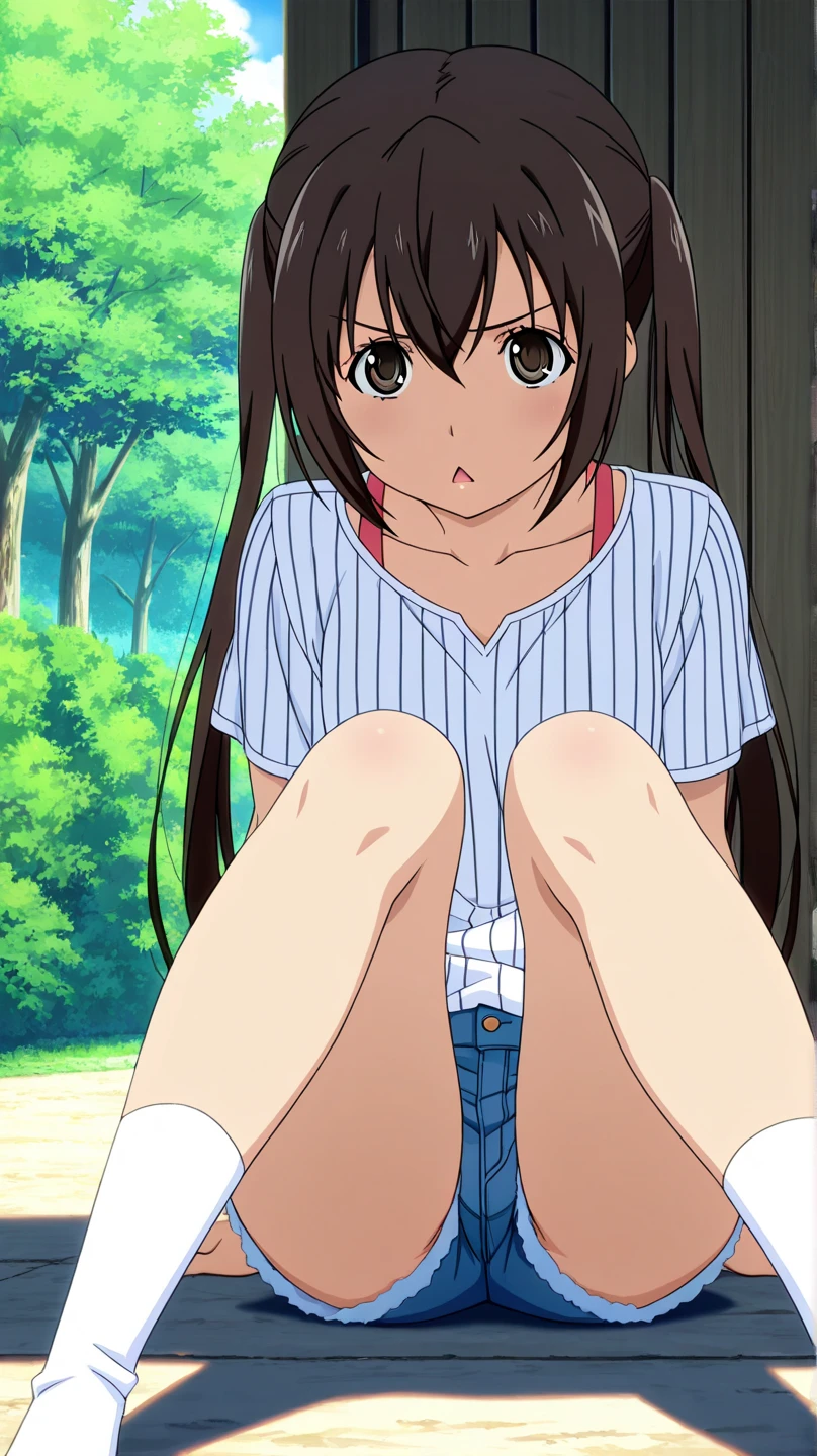 highest quality, Ultra-high resolution, (Realistic: )2D official style cel animation,((Sitting Girl))Denim mini skirt,summer shirt,(Lace panties),loose socks,sneakers,Full body portrait,(chiyoko sonoda),Station stairs,sunny,Embarrassed face,from the front
