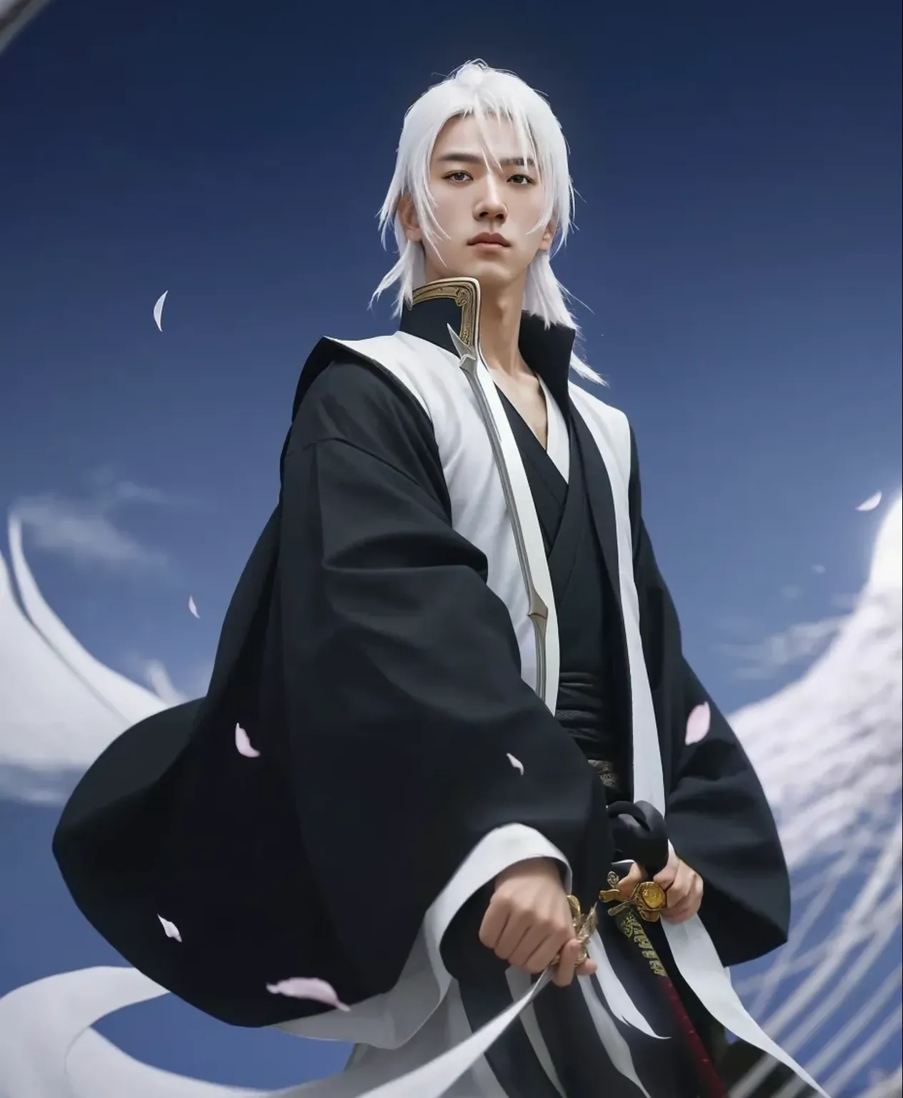 white color hair，Umei Tengen，Golden knife with lightning around it，Japanese kimono with black stripes，male people，grand master，年轻，anime，quadratic element，Arrogant temperament