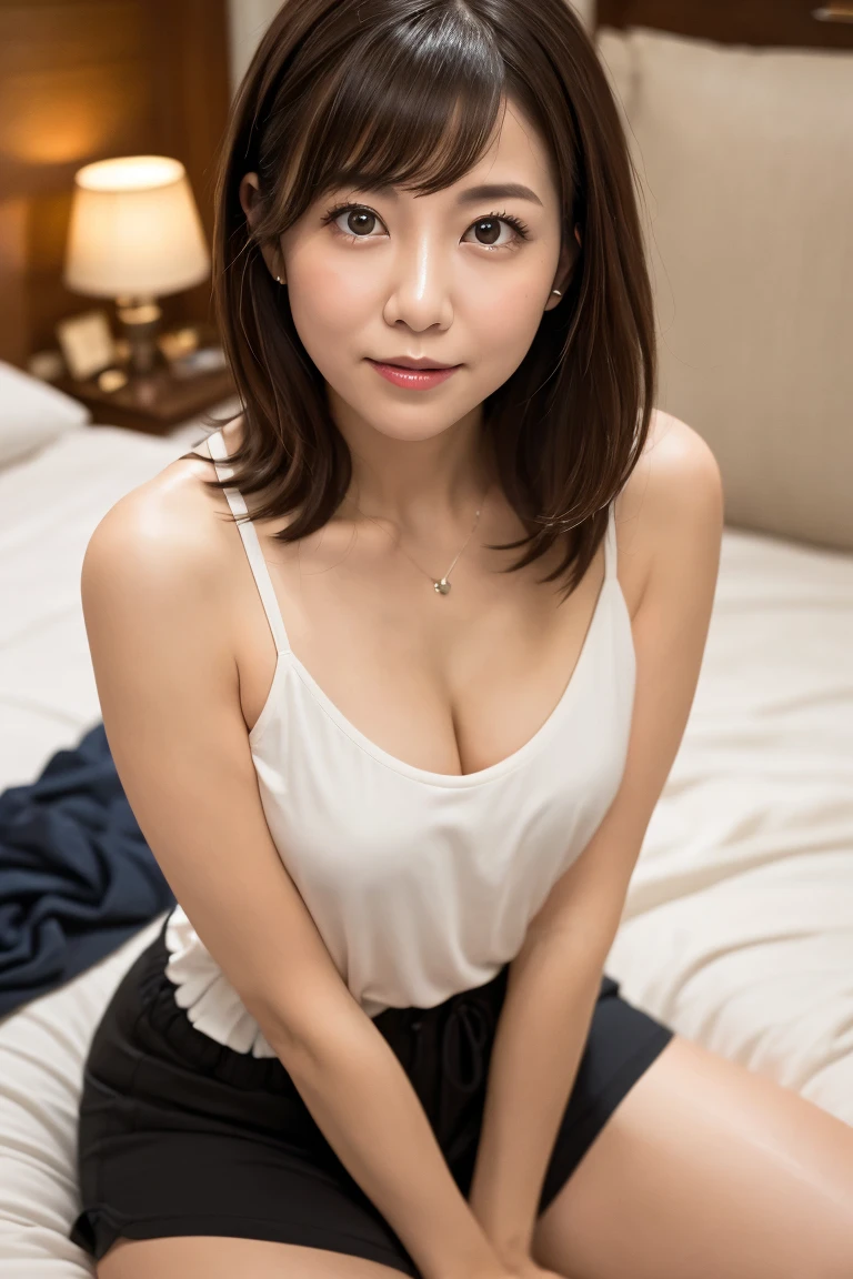 最high quality, 8k, masterpiece, Tatsuma, Sharp focus, high quality, High resolution, Detailed face, Detailed eyes, Thick lips, (View your viewers), alone, Beautiful woman, ((30 years old)), Plump, Beautifully groomed hair, ((Cleavage)), Afternoon in a hotel room, Full Body Shot,Thin see-through lingerie with garter belt、topless、Nipples