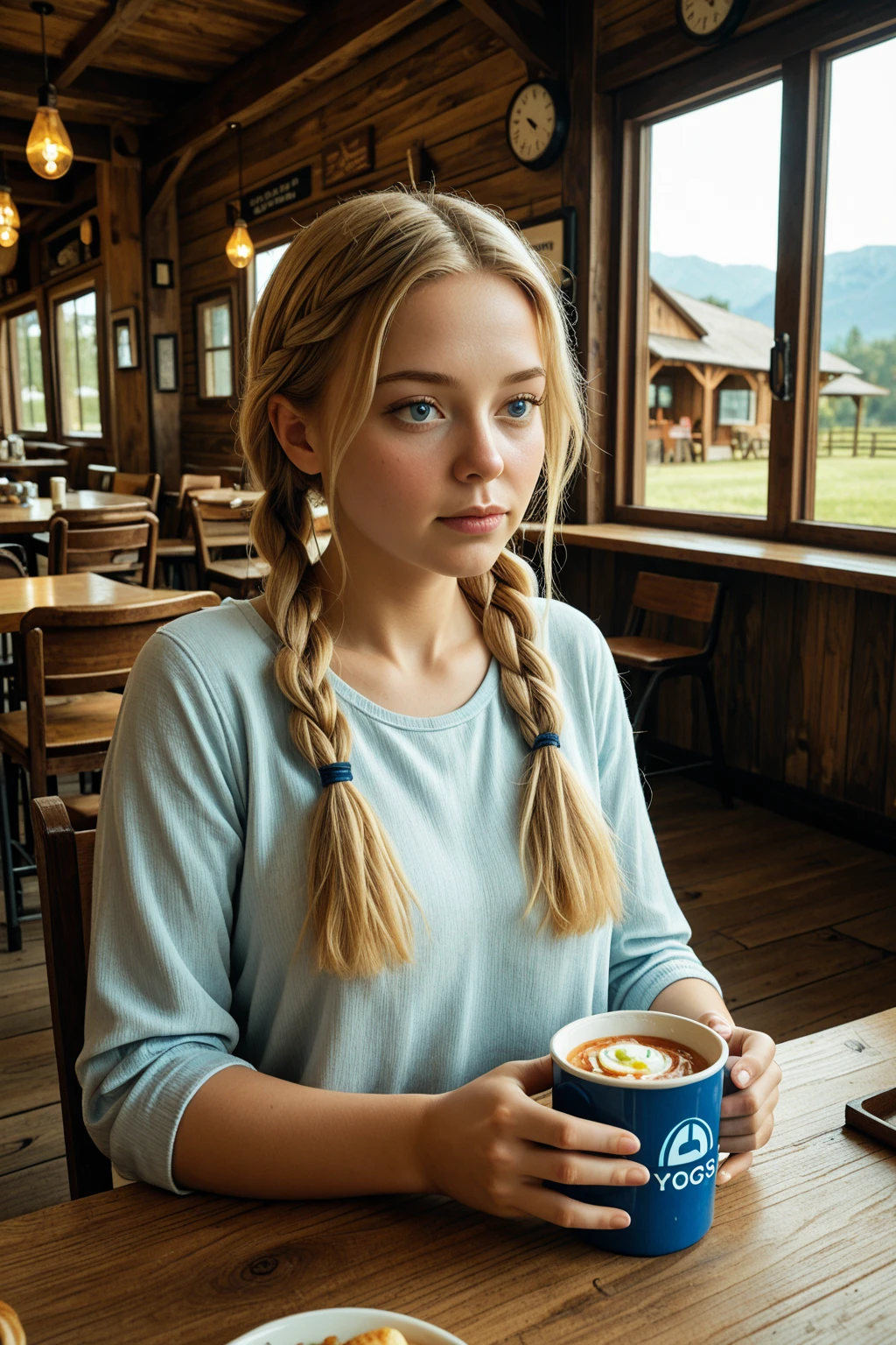 A beautiful woman in her 25s, with blonde hair, white skin, and long braids, is enjoying her coffee in the garden of a cafe. She is wearing a loose t-shirt, cinematic light, soft light, ultra realistic, iPhone quality,
