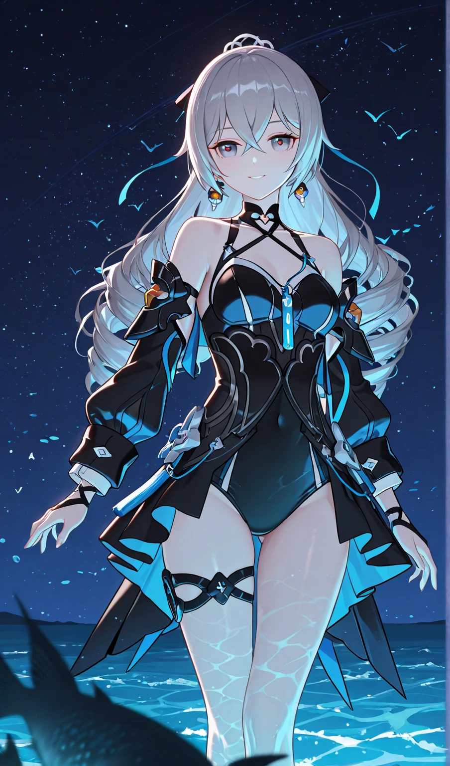 Standing picture、silver hair、blue eyes、female、1 person、Semi-long hair, tight-fitting suit that shows your body shape、stomach