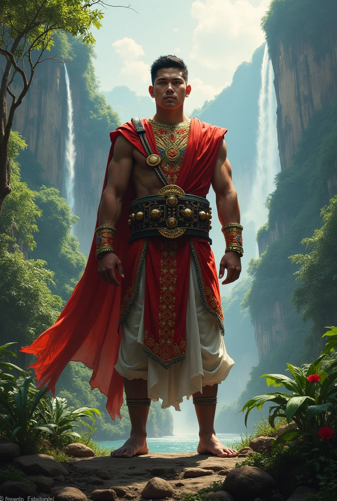 A handsome handsome man without a shirt, golden pants, skinny white skin in the desert and two leopards sitting in a king&#39;s chair, desert palm tree behind a lake and a peacock