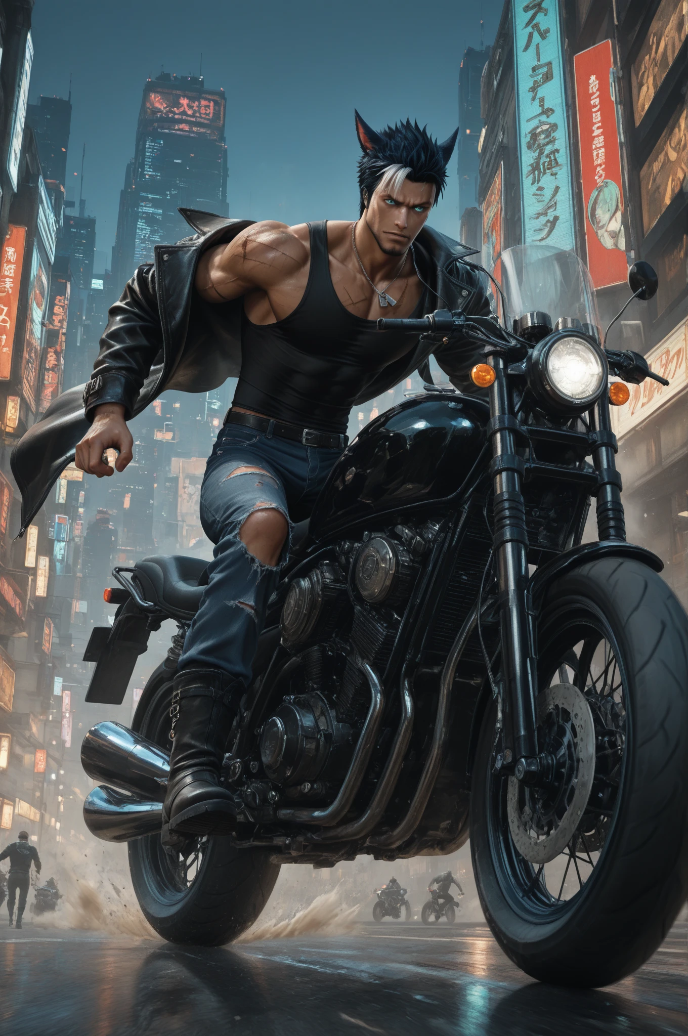 gangster, human-body, muscle, dragon, skyscrapers, neon-blinking, motorbike-behind, cool