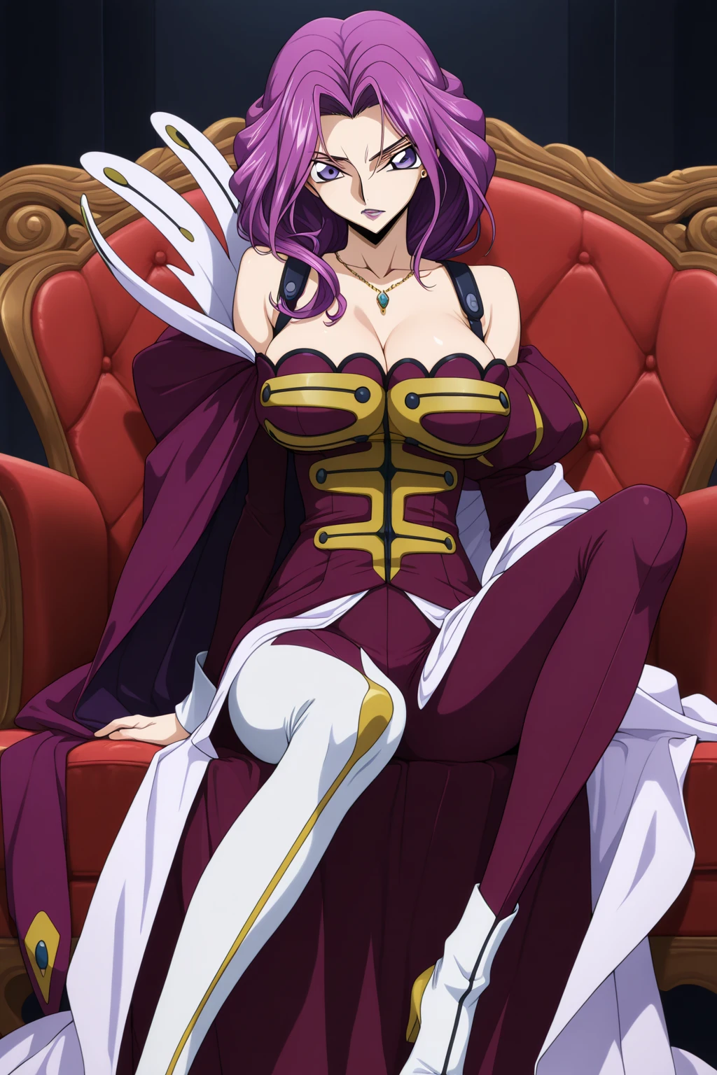 cornelia_li_britannia, huge breasts, solo, masterpiece, best quality, detailed face, detailed eyes, highres, code Geass Corneille purple eyes purple hair purple lip bikini knickers bra high heels beach