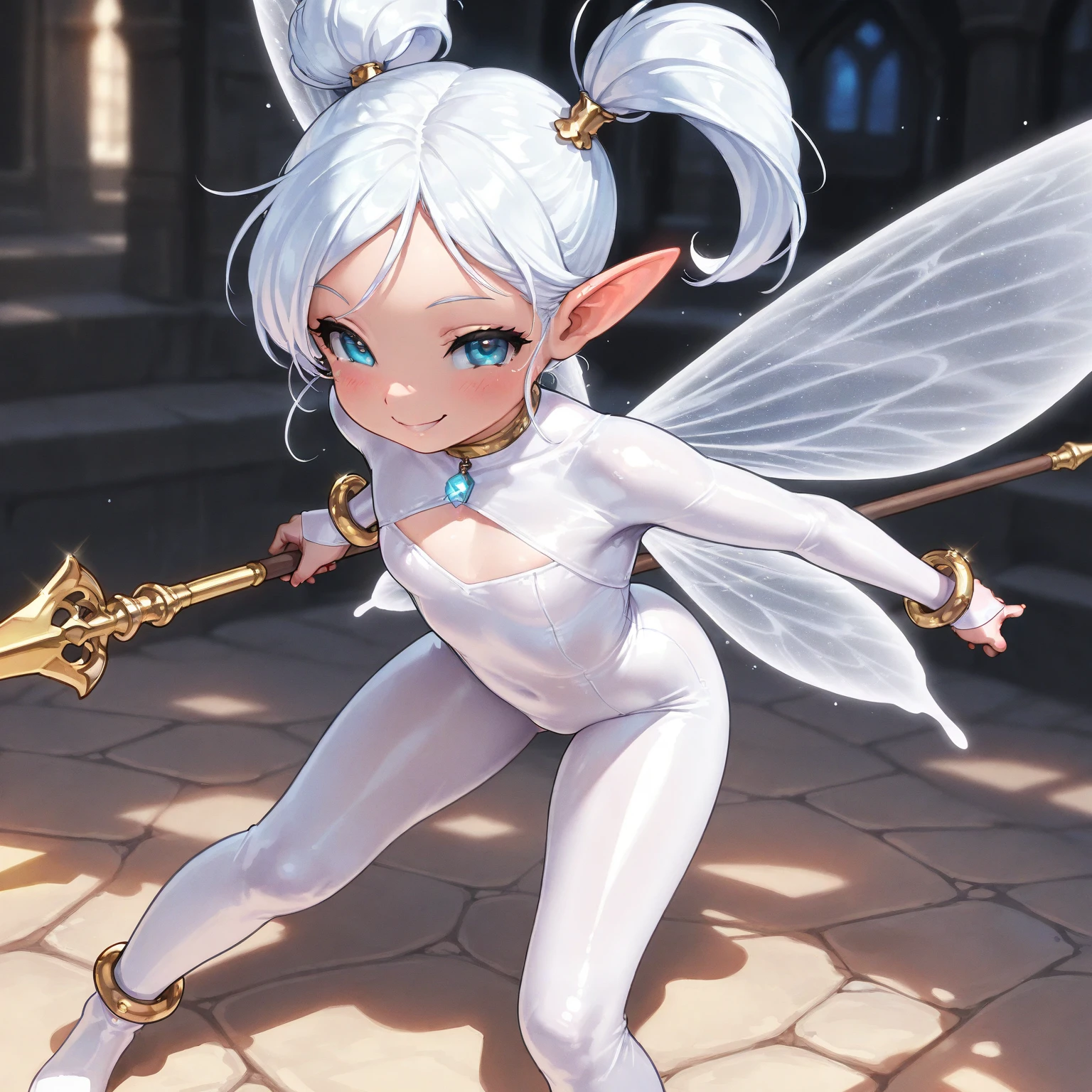 tiny odd little pixie, anime style, elf heavy knight lord villainess, (armor:1.3), pauldrons, matte auburn hair, Tuck and Roll, leaning forward, at a cheerful, Russian university, on frostpunk Mars, bombshell hair, white hair, Hair Bow, crossed ankles<lora:EnvyPixieXL01:0.8>