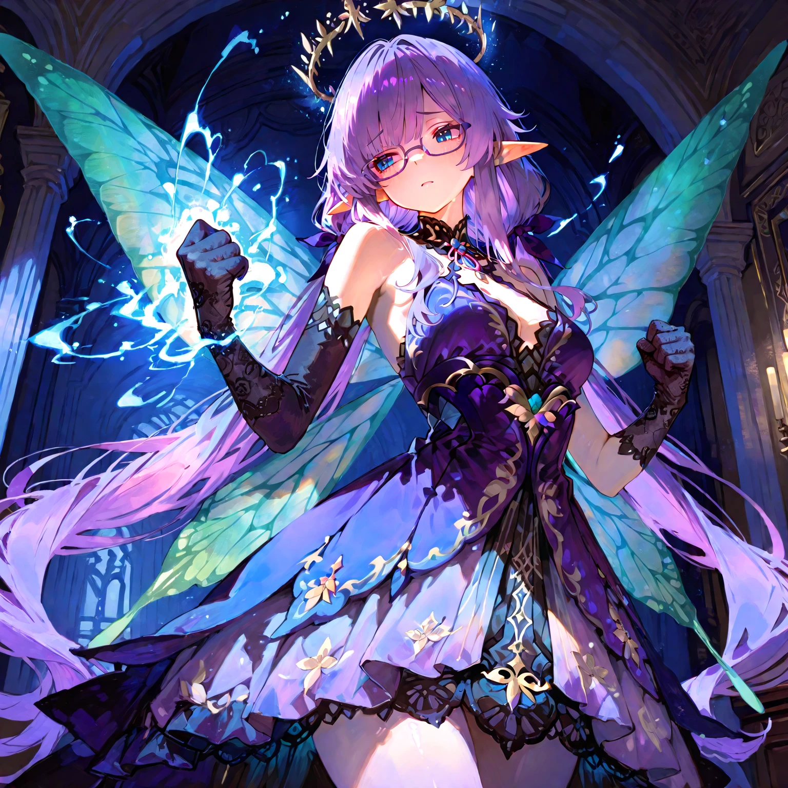 Anime girl SD character in purple dress with butterfly wings, anime moe art style, shikamimi, detailed cover artwork, ((Beautiful Fantasy Empress)), Official Artwork, Anime Cover, Singei, Splash Art Anime Loli, Anime style like Fate/stay night, Smiling as Fairy Queen, Official Fan Art, Shadowverse Style, SD Character