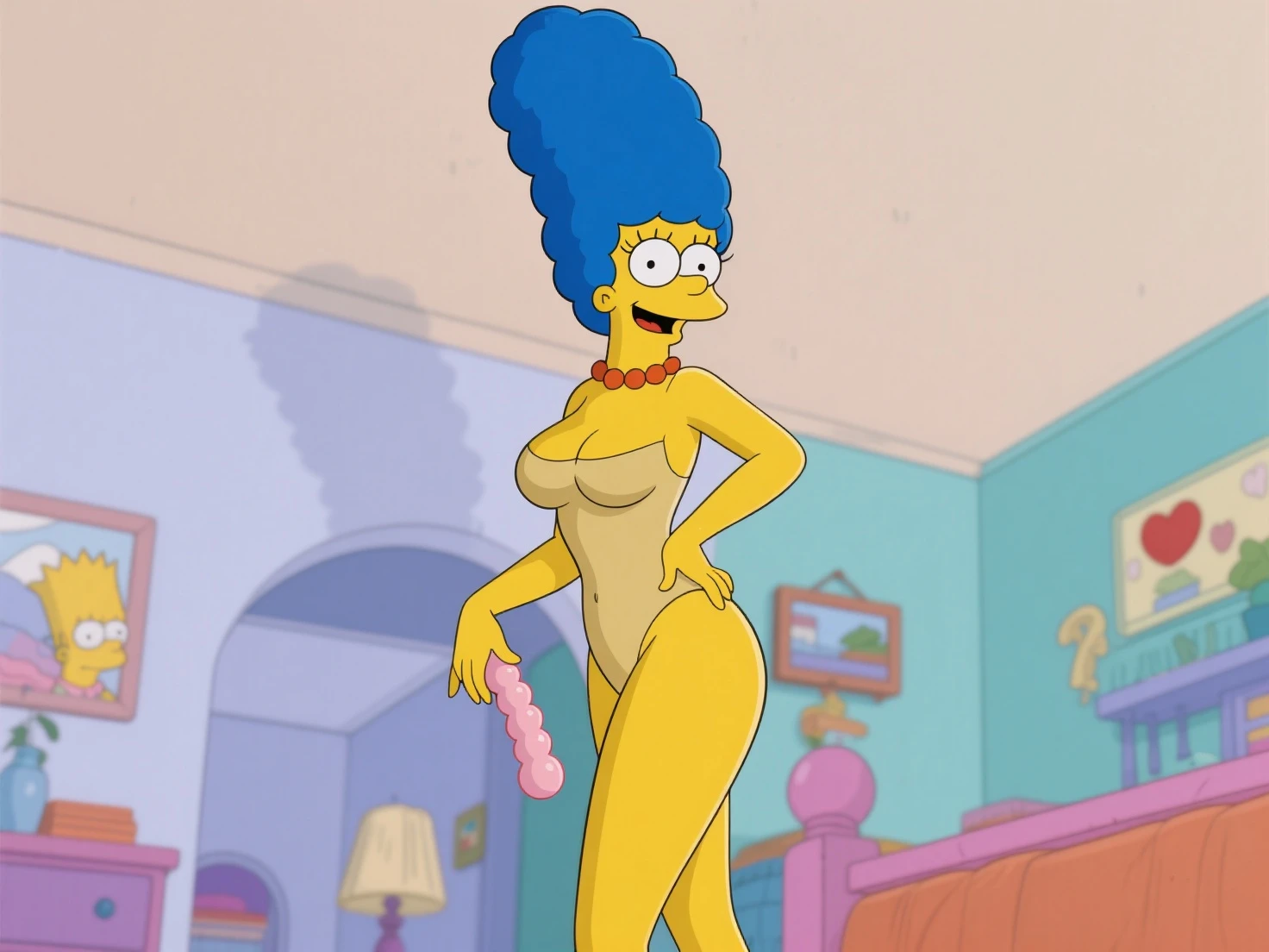 Marge Simpsons sem roupa engatinhando na sala
