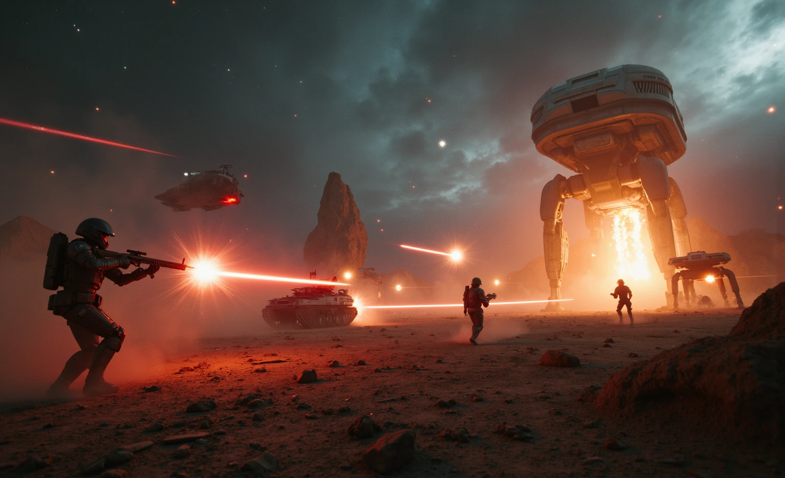 A couple Fighter Spaceship flying over explosions beneath, the small village on fire, a silhouette of an old warrior father with his daughter from Vietnam who are standing on a mountain with the wind blowing the daughters hair and the fathers jacket, concept art wallpaper 4k, sci-fi fantasy wallpaper, sci fi artwork, detailed sci-fi art, beautiful sci fi art, spaceships in the cloudy sky, concept art artwork masterpiece, concept art 4k, concept art 4 k, sci fi concept art, mystical sci-fi concept art, fire, explosions, debris, dirty