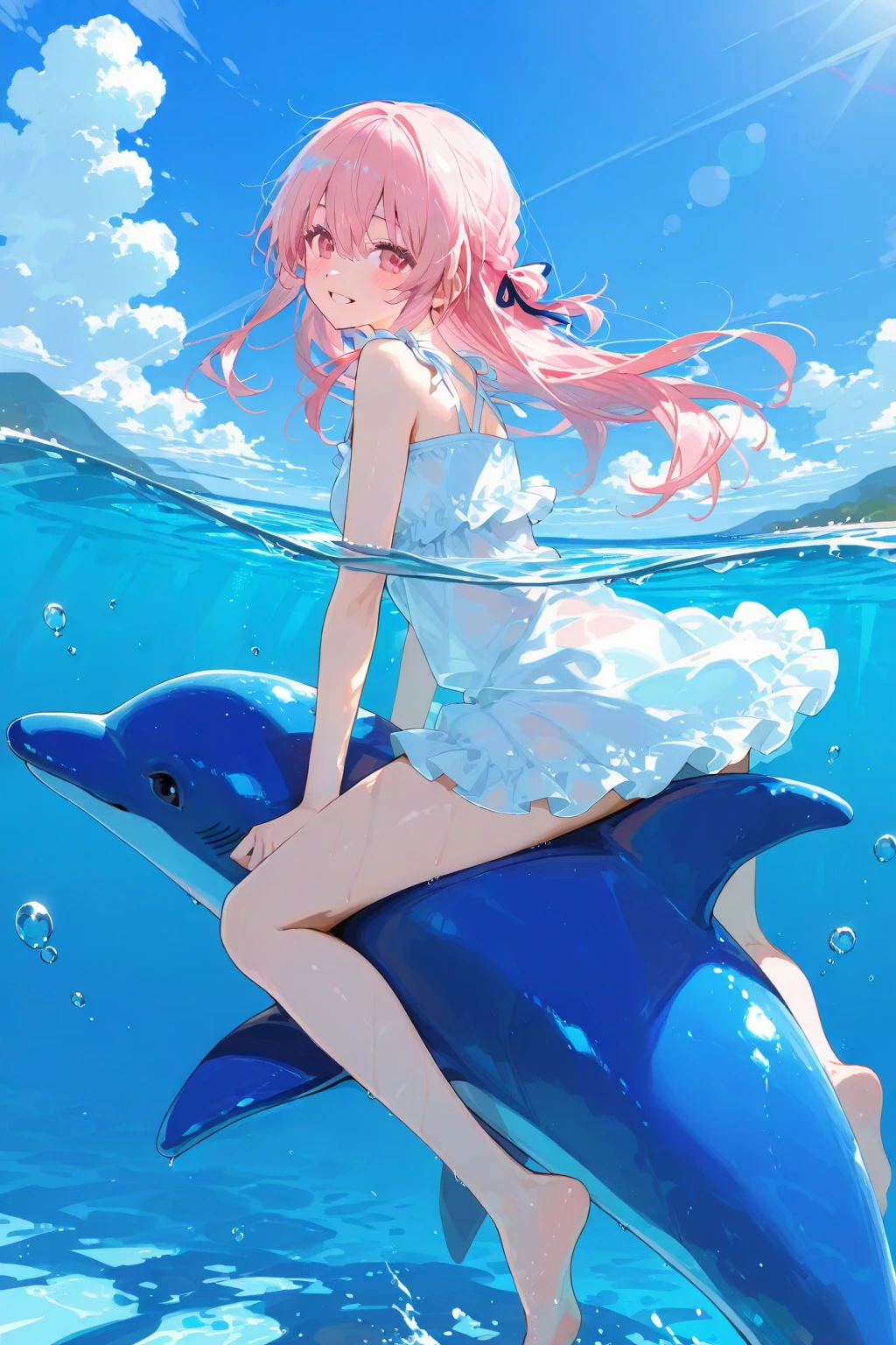 8K,gal,an extremely delicate and beautiful,Beautiful and realistic skin,Shiny jewel-like earrings,Shine like glitter long hair,beautiful eyes,Shine like glitter pink bikini,diving,beautiful sea,colorful fish,killer whale,glitter background,full body