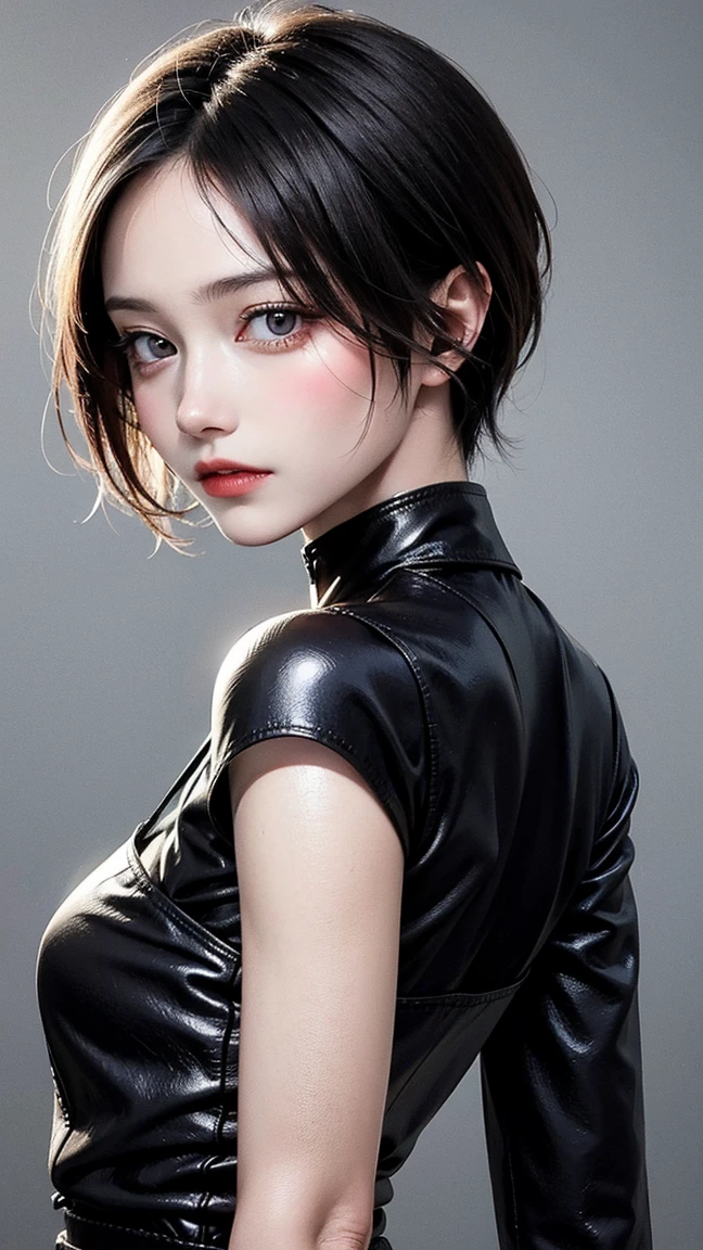 a 20 yo woman、A dark-haired、(hi-top fade:1.3)、dark themed、Muted Tones、Subdued Color、highly contrast、(natural skin textures、Hyper-Realism、Soft light、sharp)、(masuter piece:1.3)、(8K、Photorealsitic、Raw photography、top-quality: 1.4)、beautiful expression、(Lifelike face)、Beautiful hairstyle、realisticeyes、Beautiful details、(real looking skin)、Beautiful skins、(Black lace bodysuit)、absurderes、enticing、超A high resolution、A hyper-realistic、high-detail、the golden ratio、medium breasts、super model