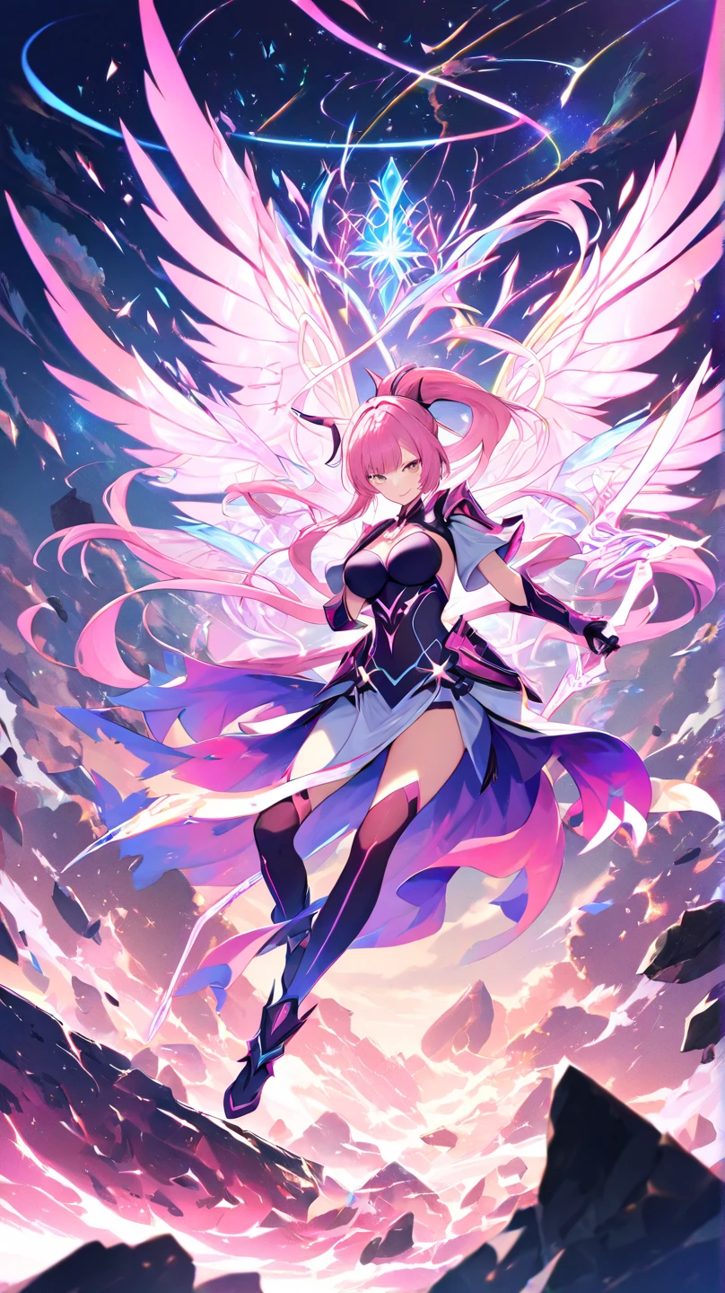 masterpiece, best quality, high resolution, extremely detailed CG, 1girl, solo, a mecha girl in black armor with pink glowing wings in universe, wings of light, red hair, long hair, (large eyes), glaring, cleavage, thighs, off-shoulder, ((pink glowing wings)), posing, full body, from below