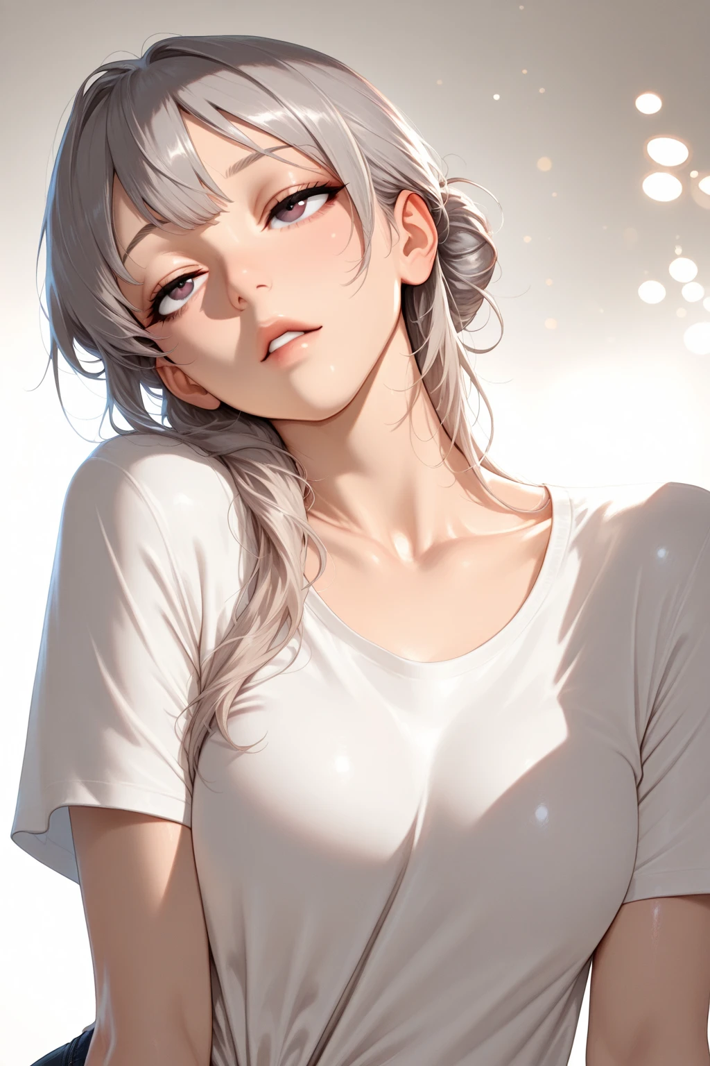 White hair, woman, half white hair man, informal outfit, deep neckline, ample bosom, black eyes, fluid illustration style, graceful movement, ethereal femininity, date, full body.